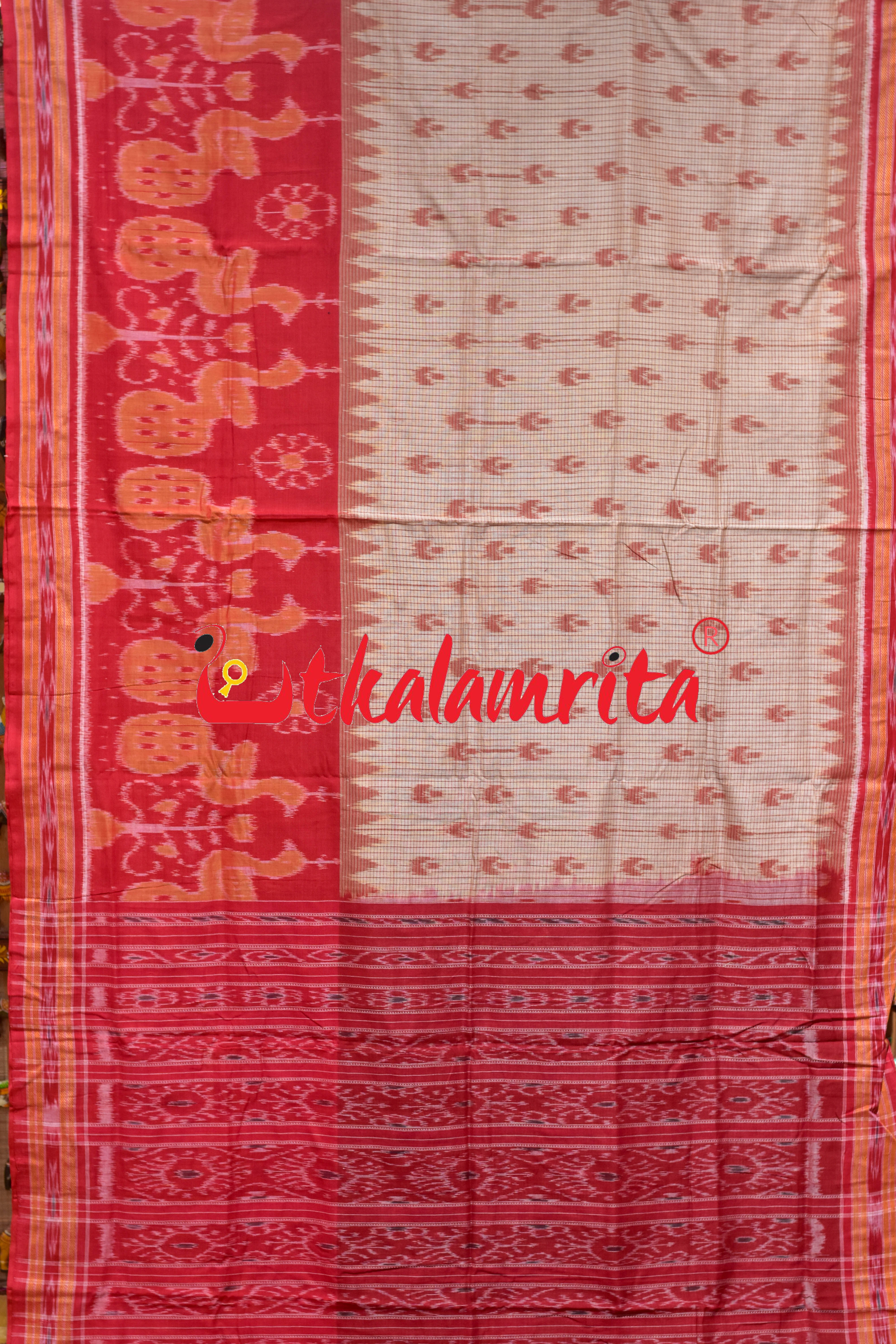 Off White Red Peacock Scot Khandua Cotton Saree