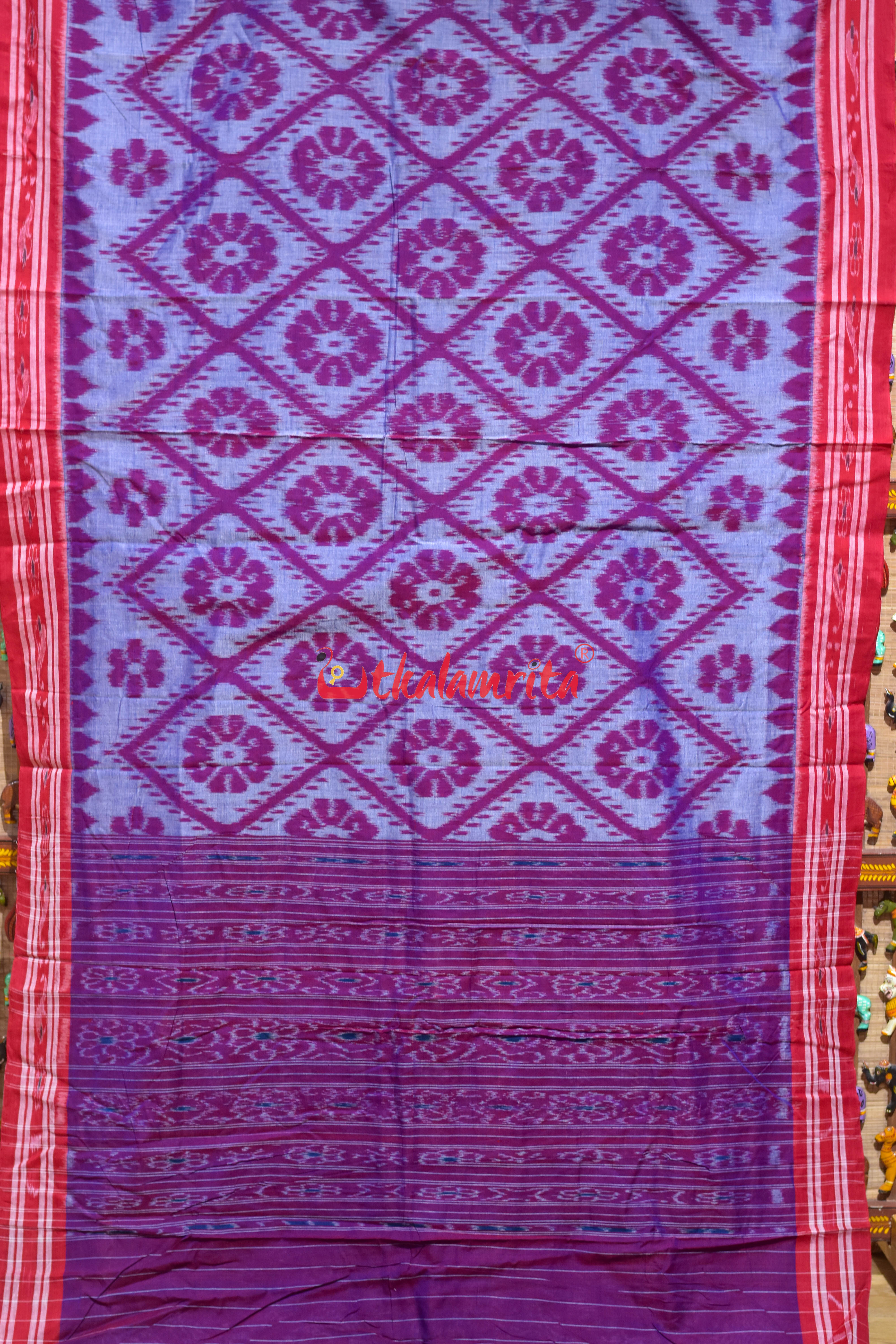Blue Red Bada Phula Cotton Saree