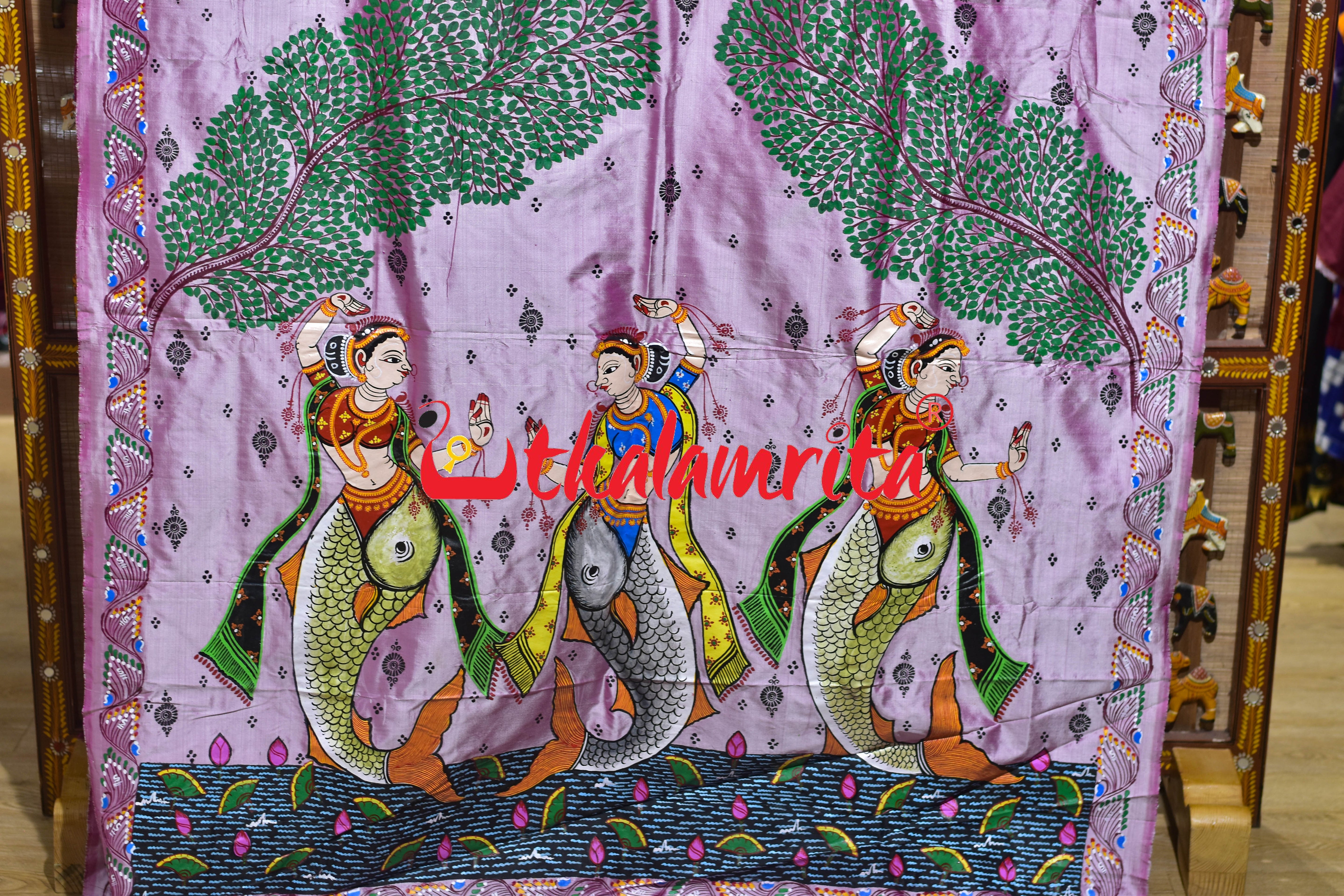 Light Pink Plain Mermaids Pattachitra Silk Saree