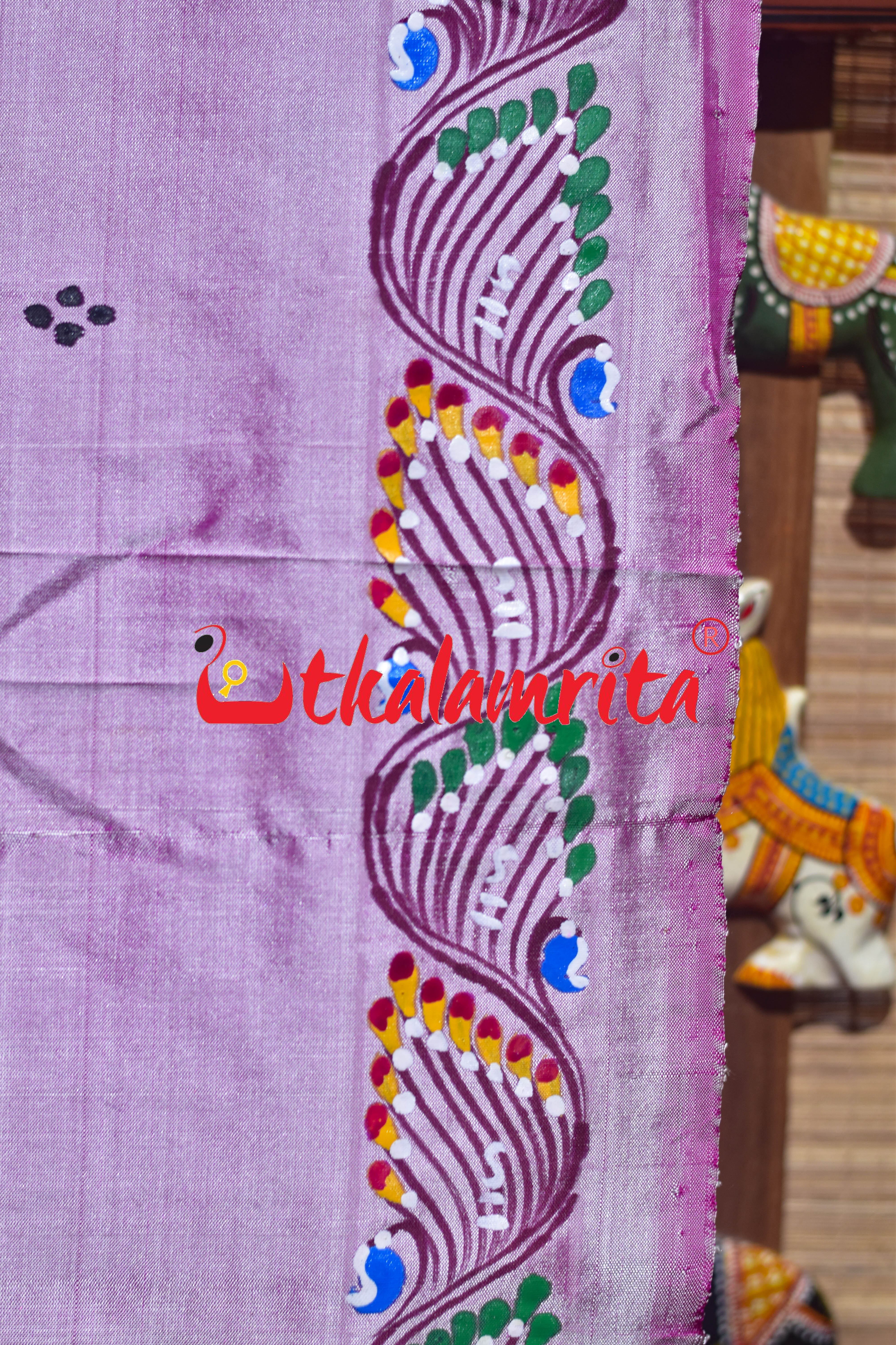 Light Pink Plain Mermaids Pattachitra Silk Saree