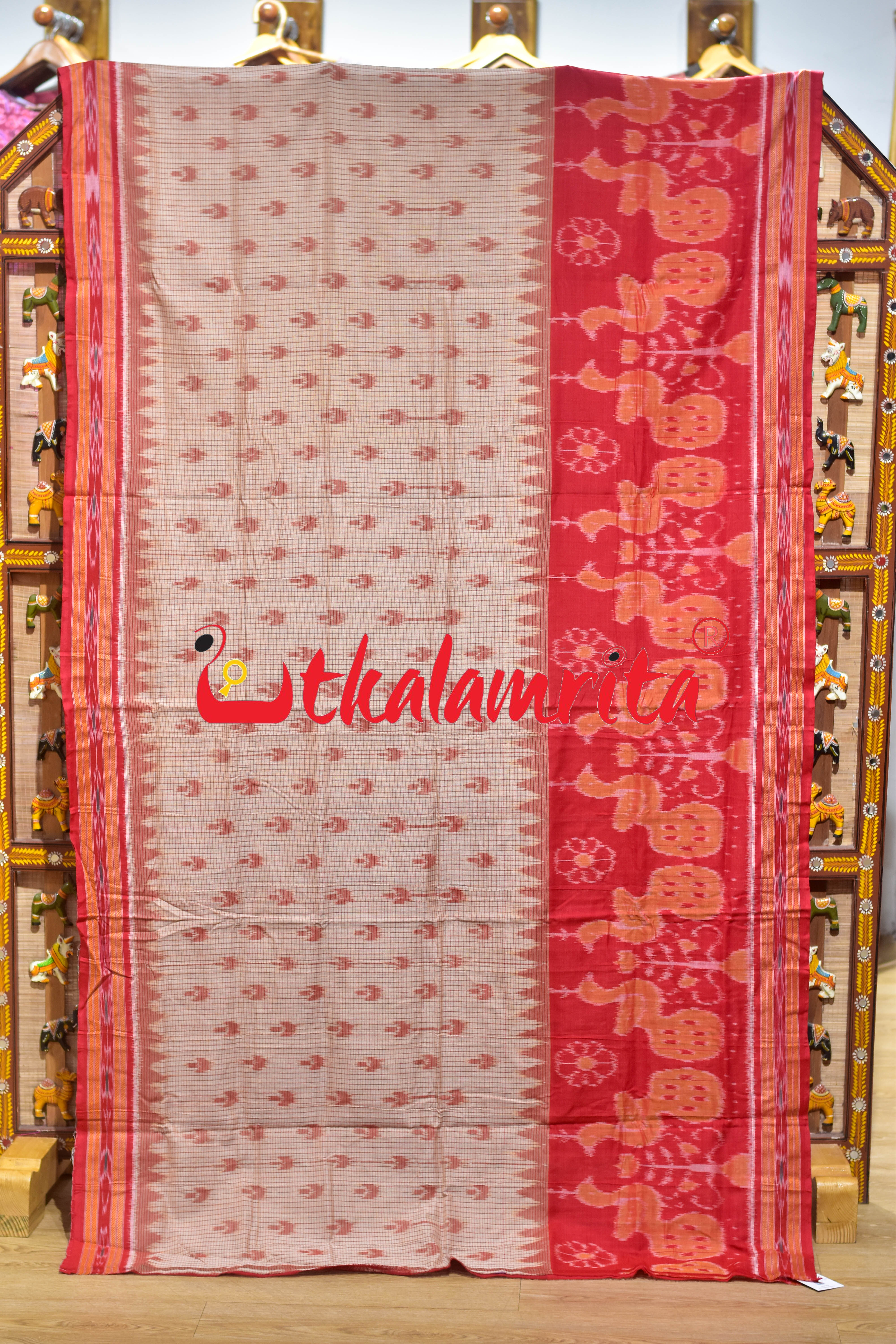 Off White Red Peacock Scot Khandua Cotton Saree