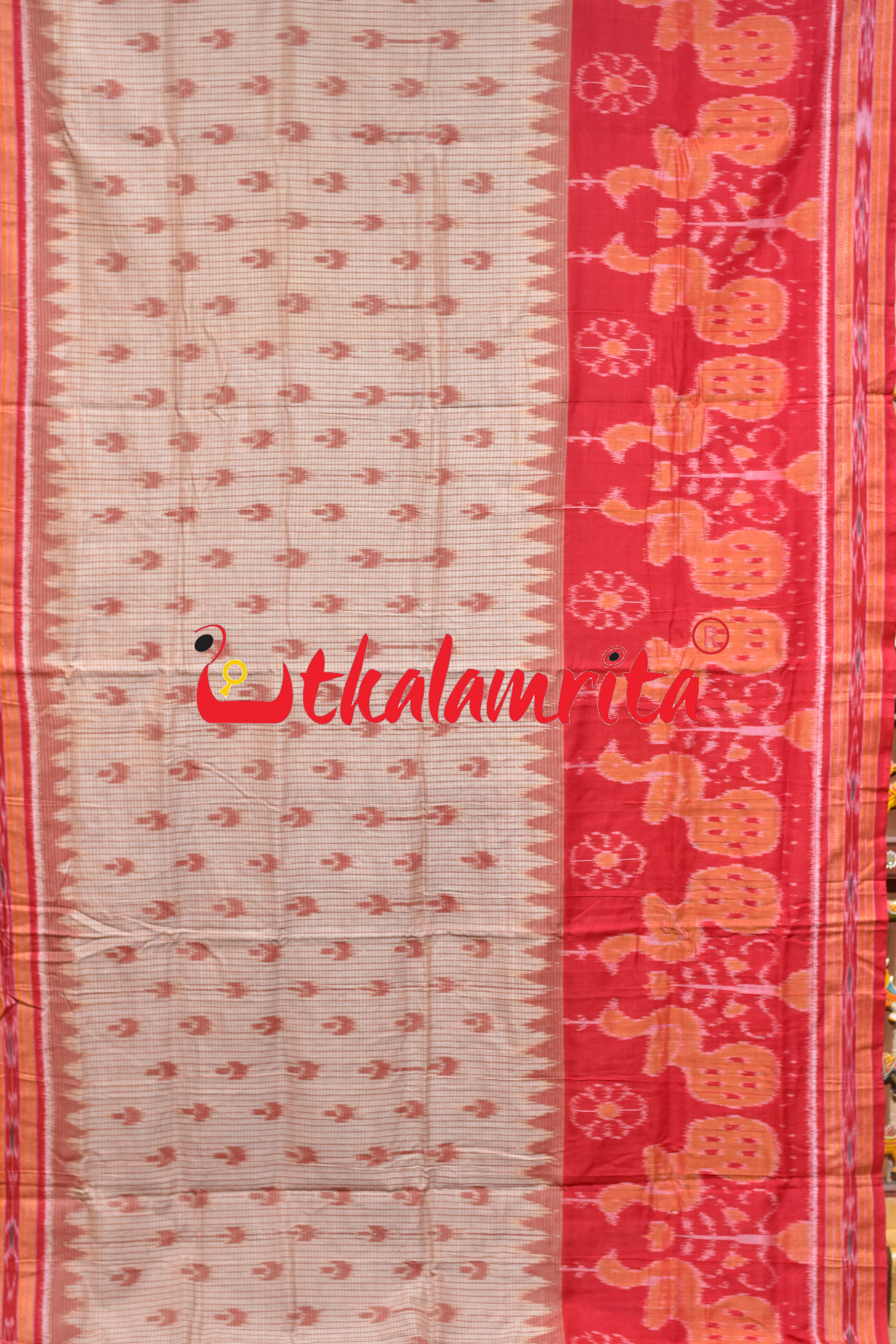 Off White Red Peacock Scot Khandua Cotton Saree