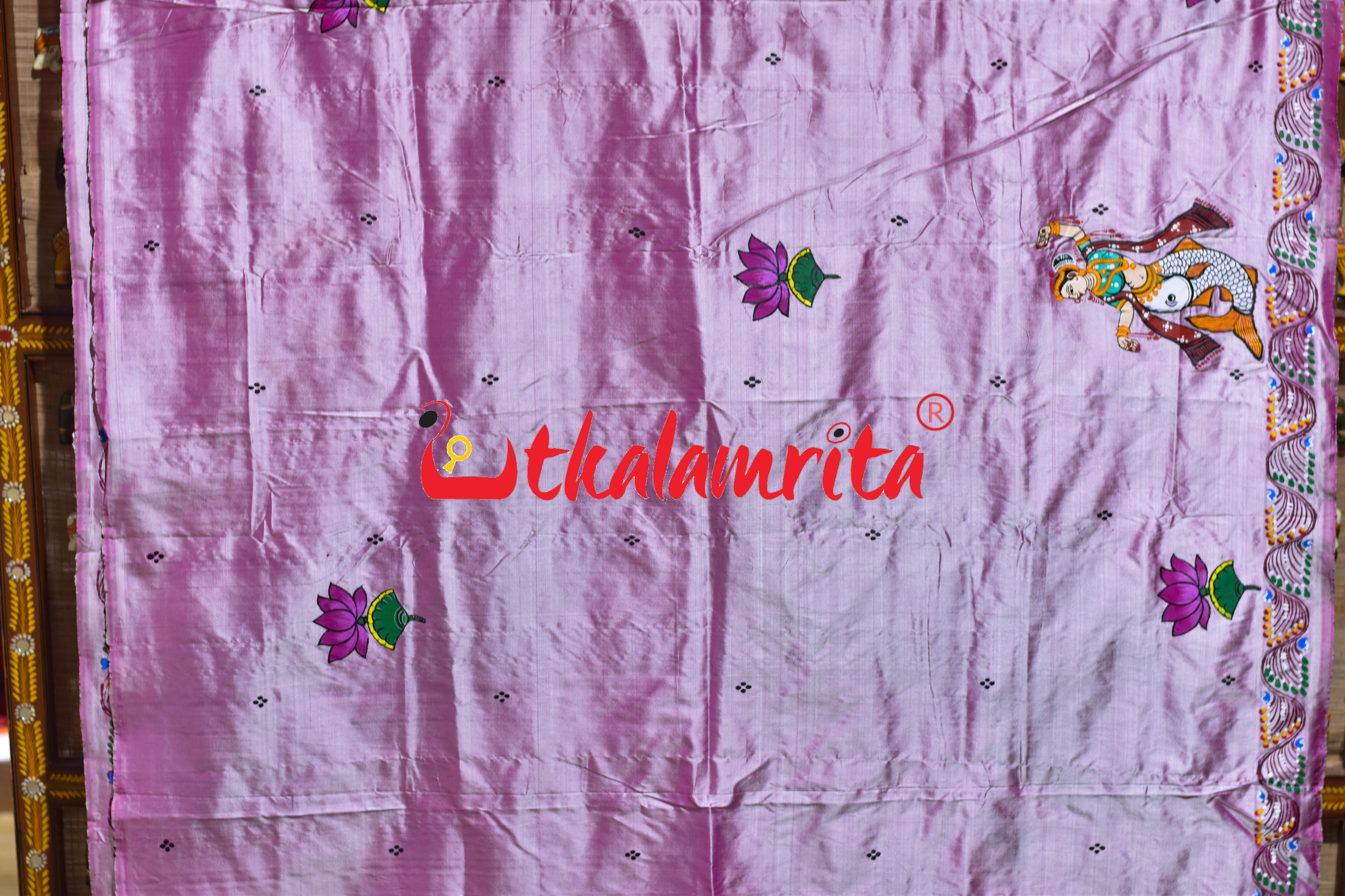 Light Pink Plain Mermaids Pattachitra Silk Saree