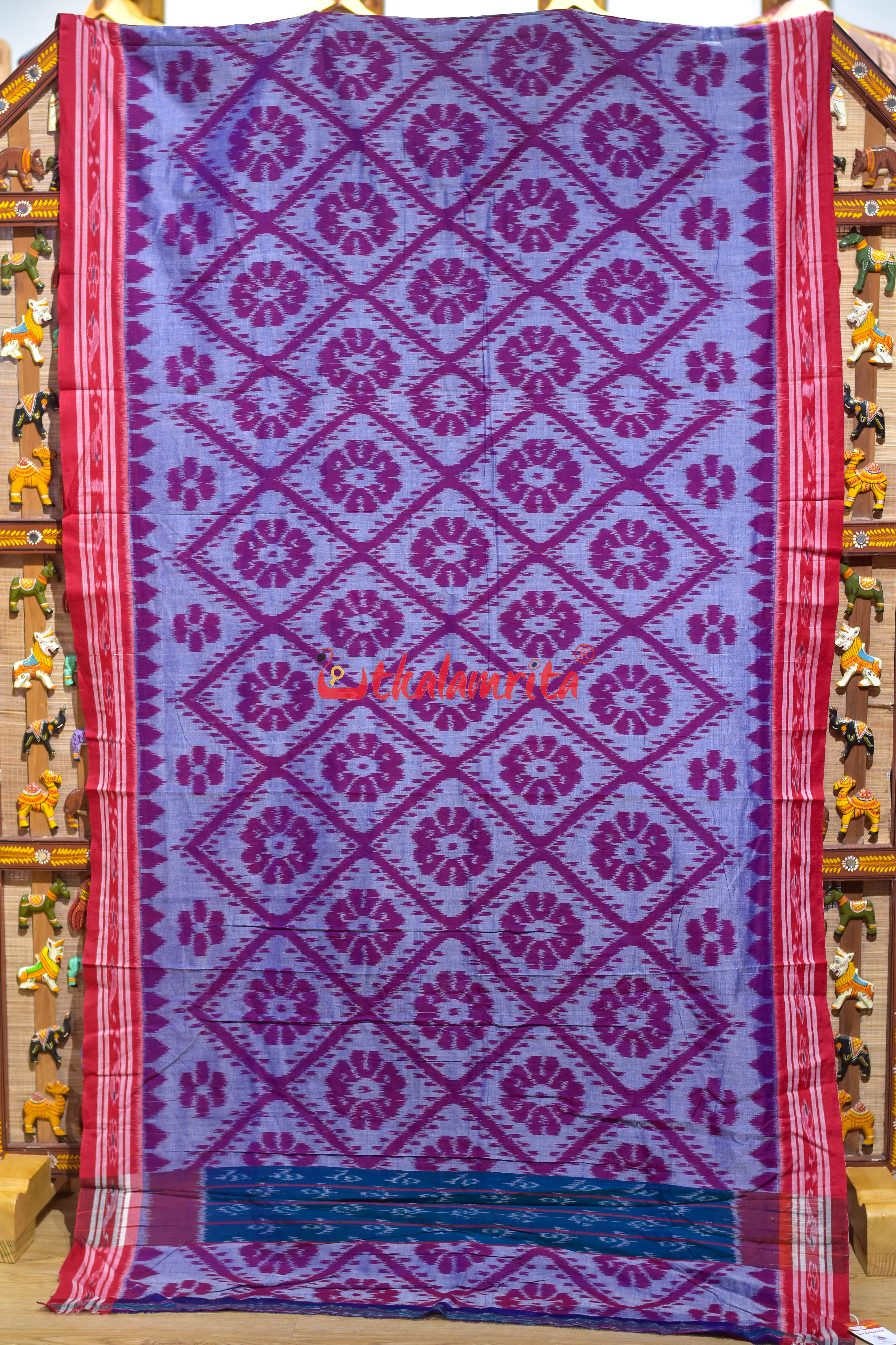 Blue Red Bada Phula Cotton Saree
