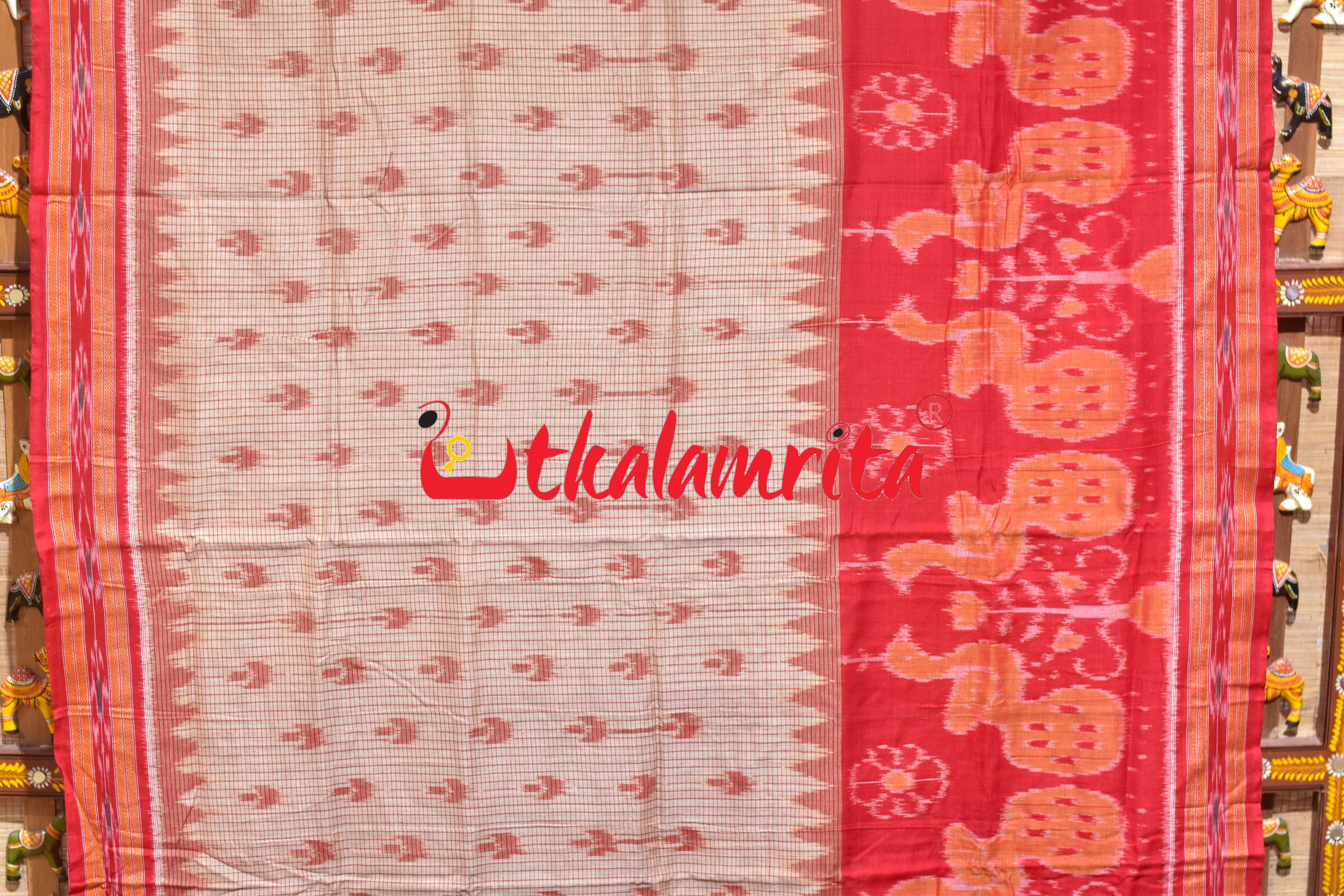Off White Red Peacock Scot Khandua Cotton Saree