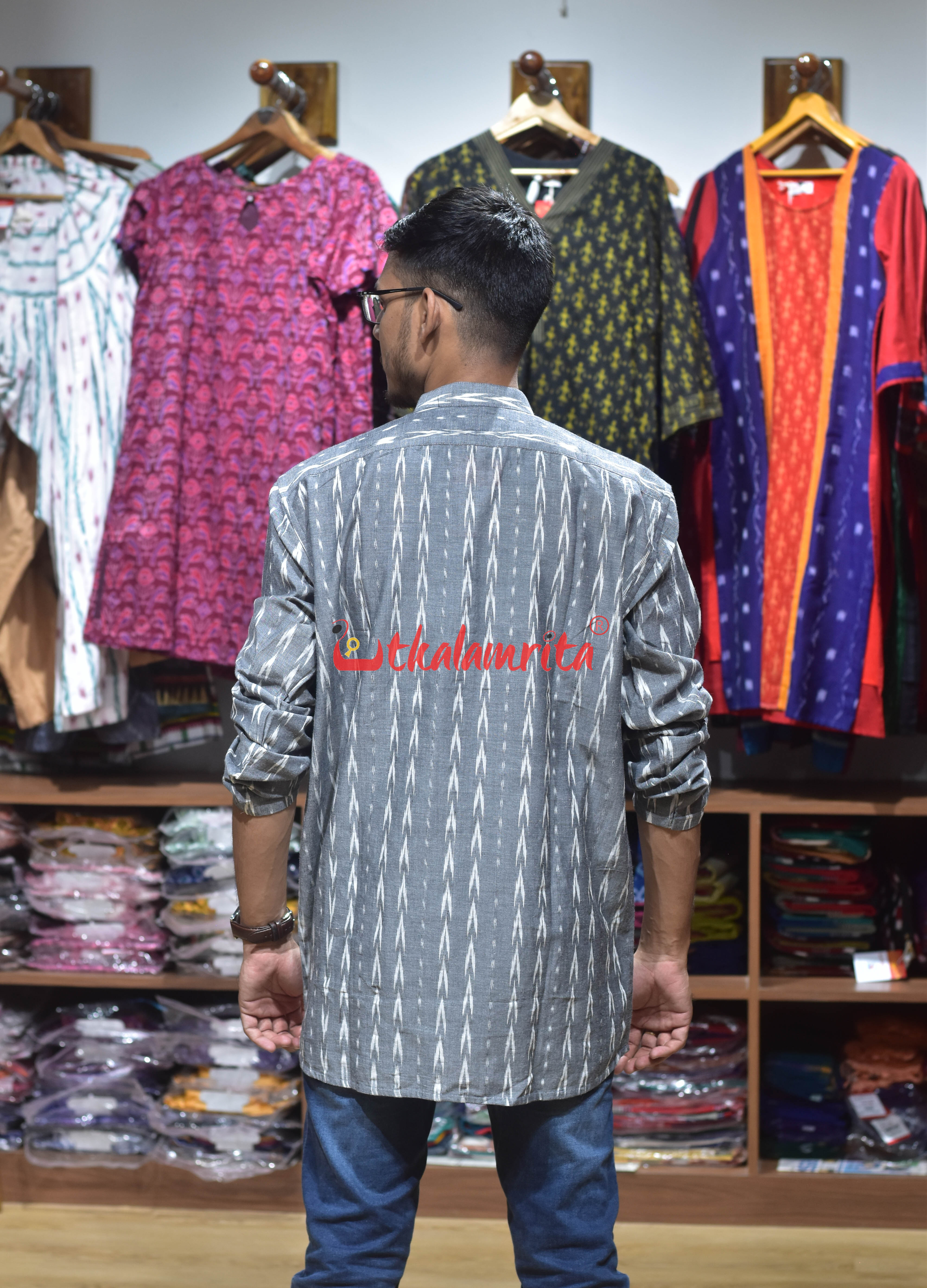 Grey White Arrows (Men's Short Kurta)