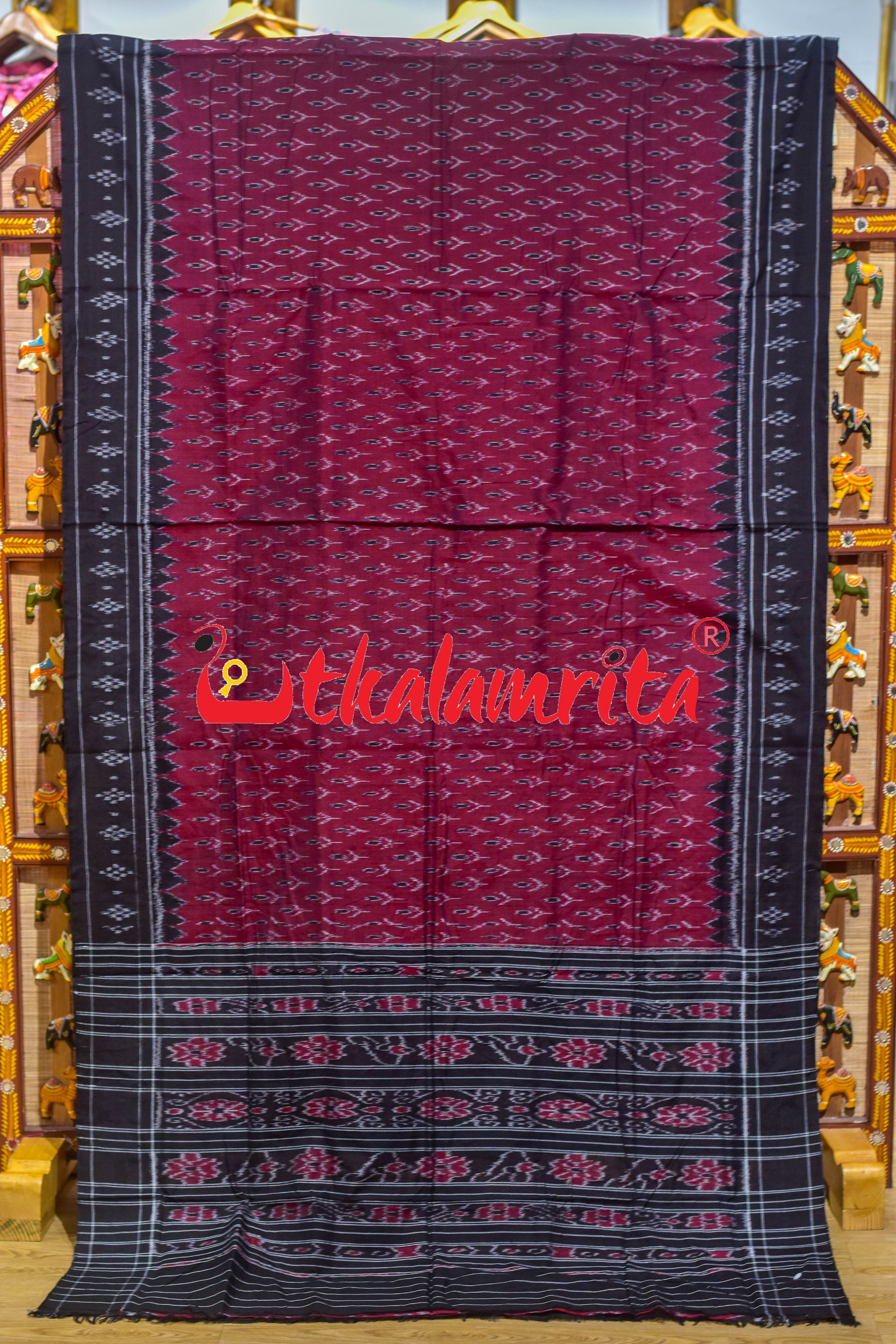 Maroon Black Labanga Khandua Cotton Saree