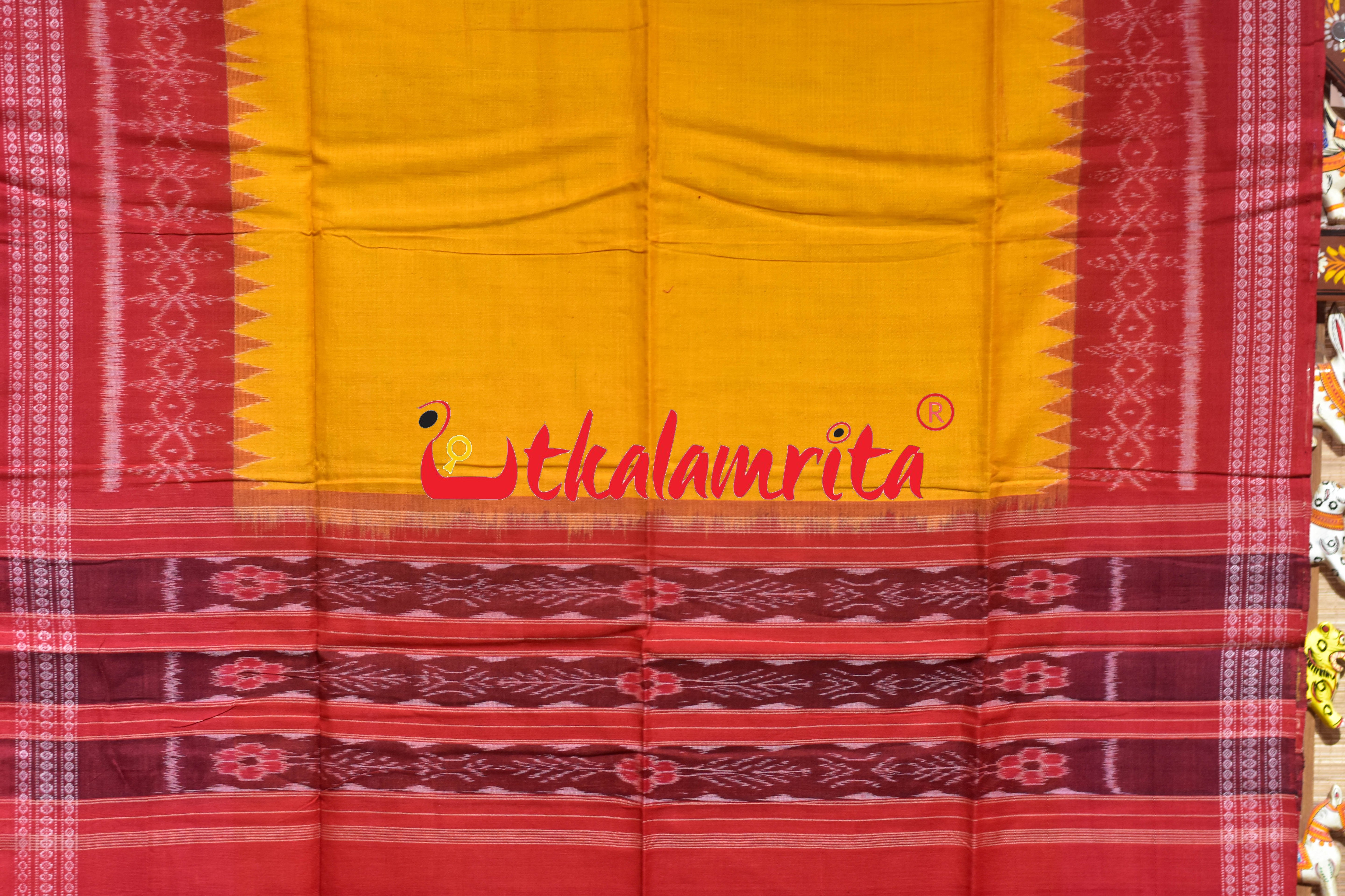 Red Yellow Double Flower Sambalpuri Cotton Dress Set