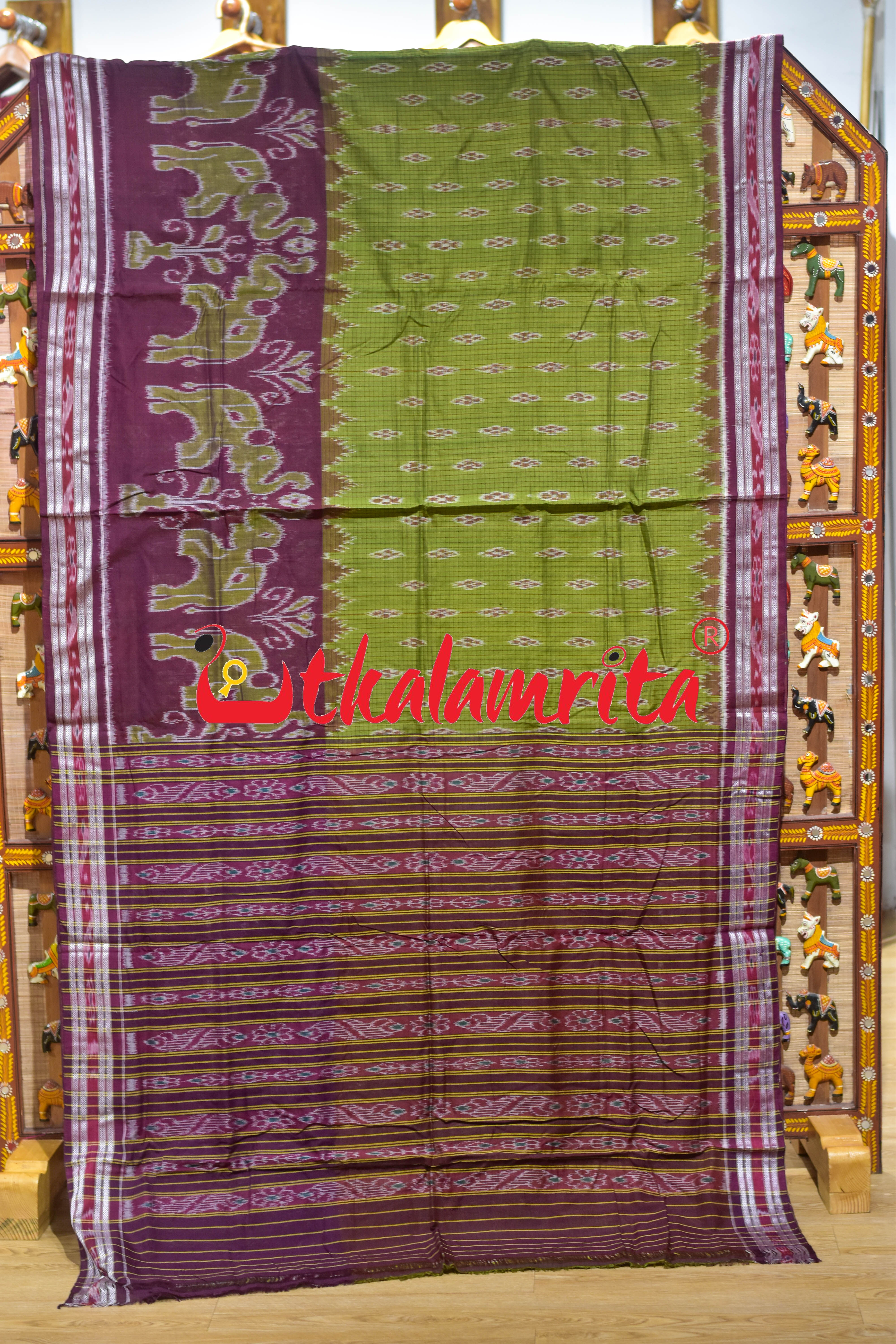 Mehndi Wine Elephant Scot Khandua Cotton Saree