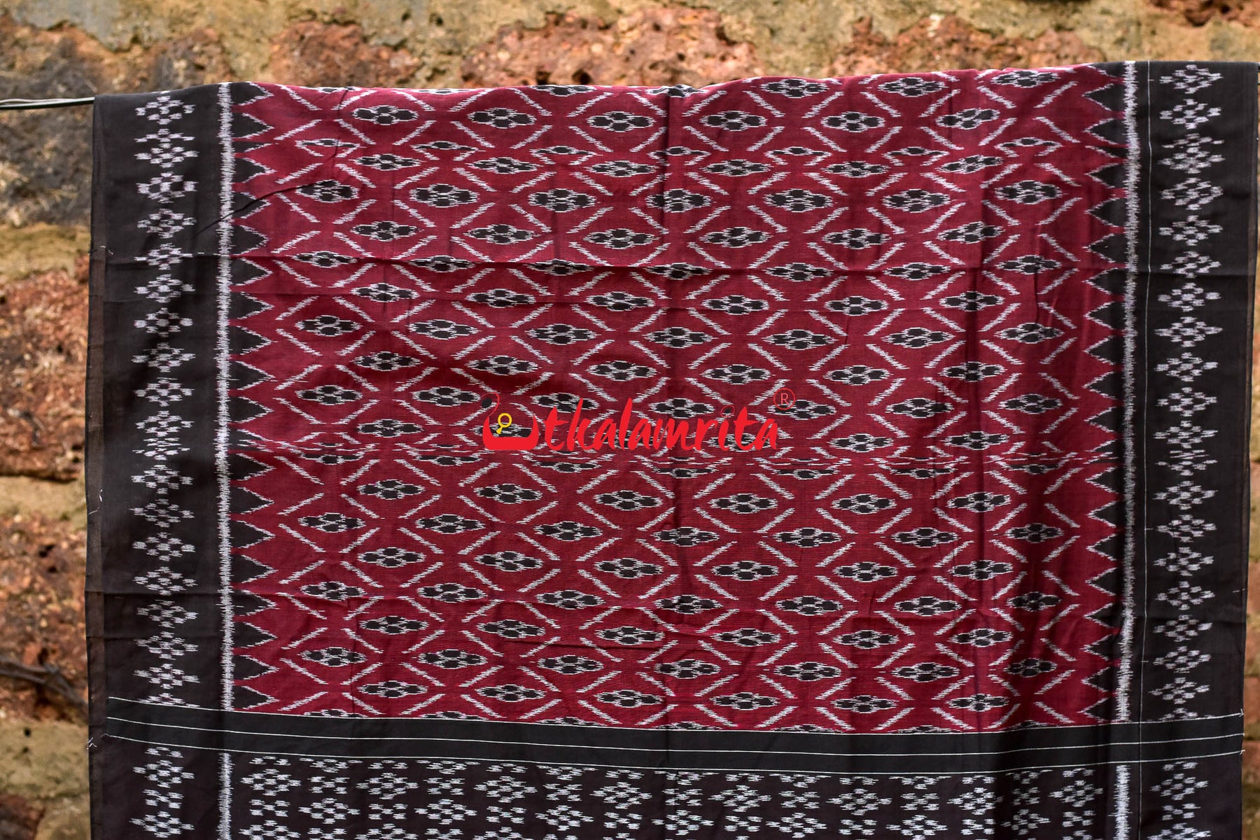 Maroon Diagonal Flower Khandua Cotton Saree