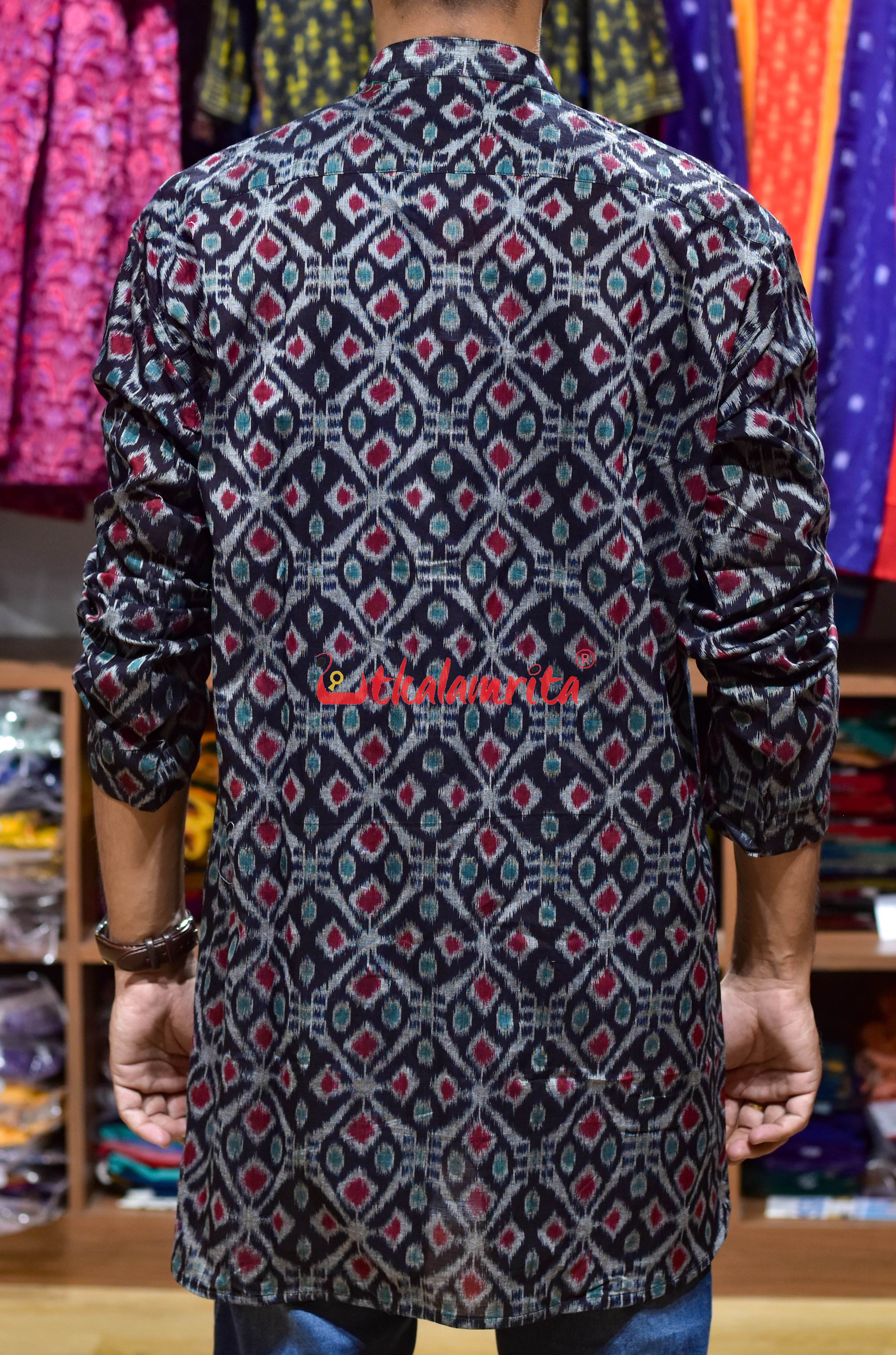 Black Flower Fusion (Men's Short Kurta)