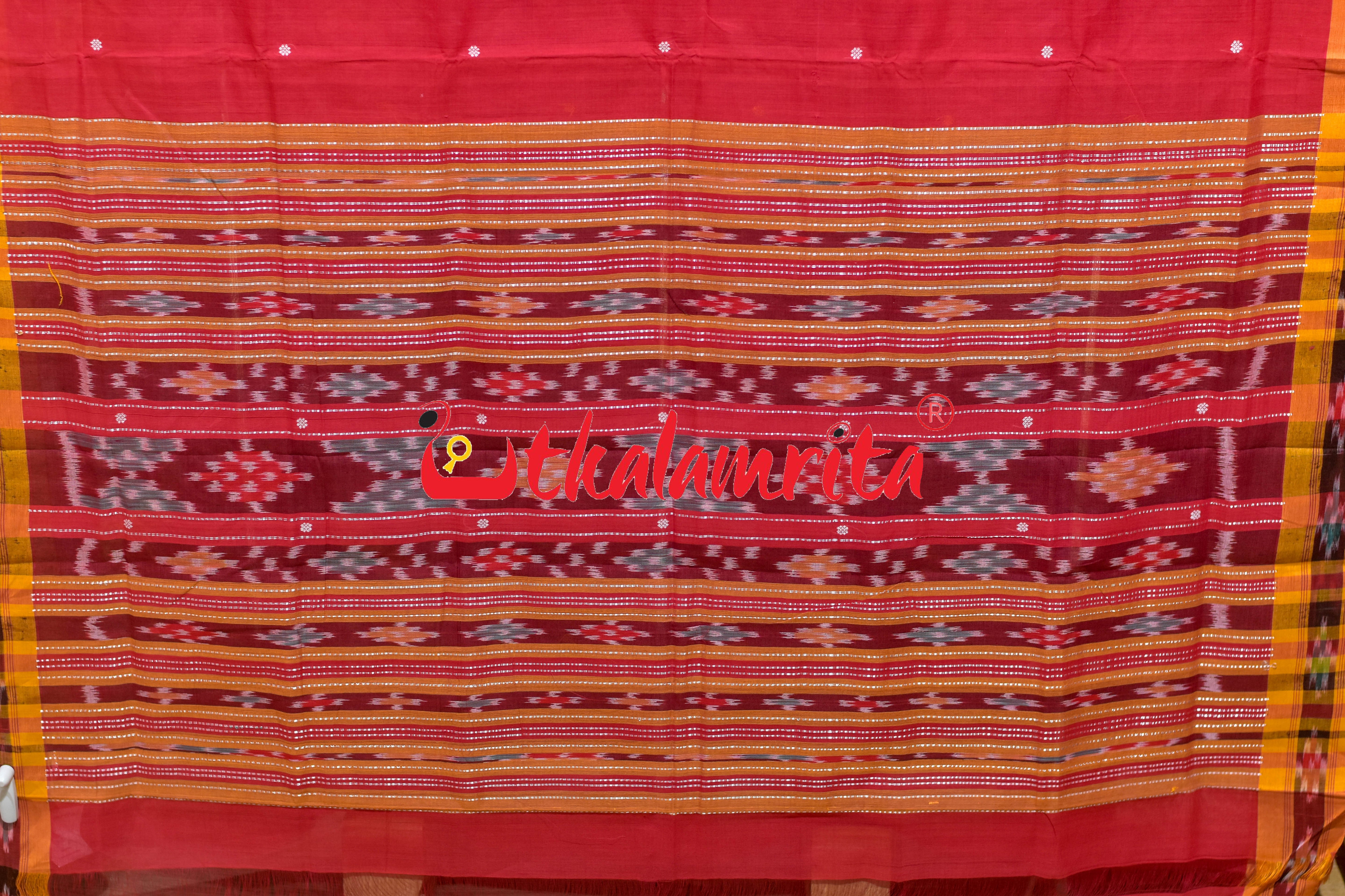 Red Yellow Single Buti Pittala Single Cotton Saree