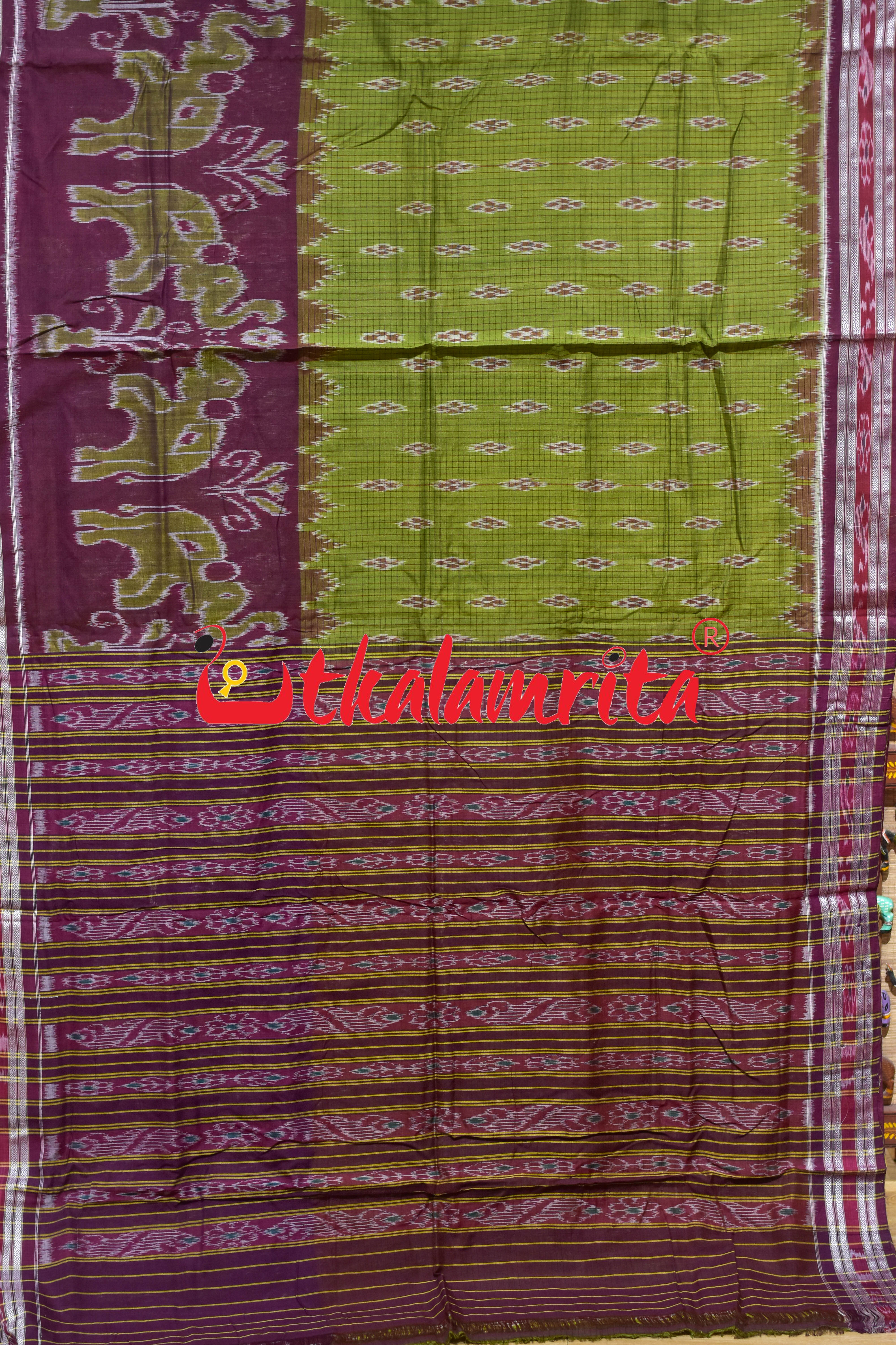 Mehndi Wine Elephant Scot Khandua Cotton Saree