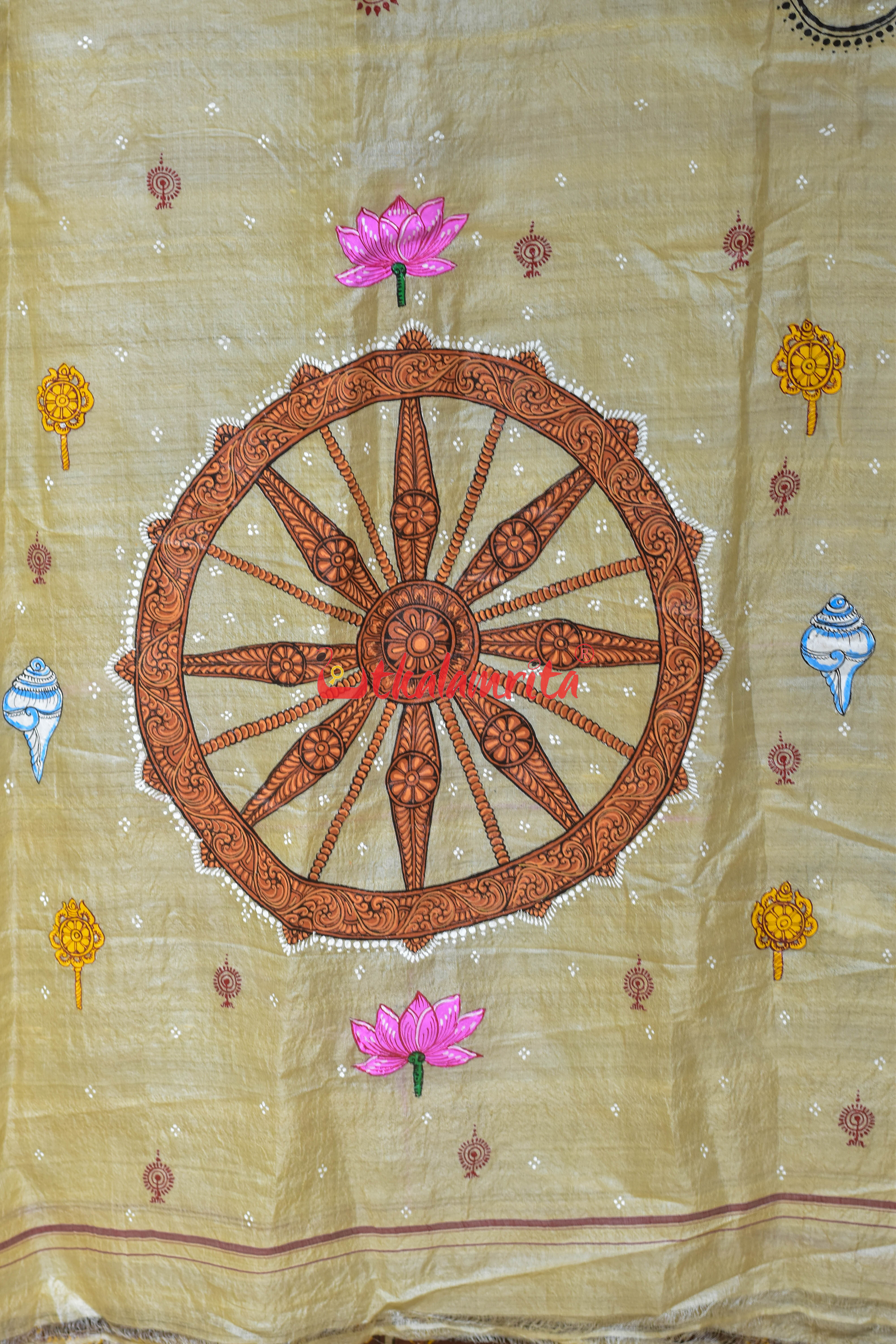 Natural Body Sankha Chakra Padma Pattachitra Tussar Silk Saree