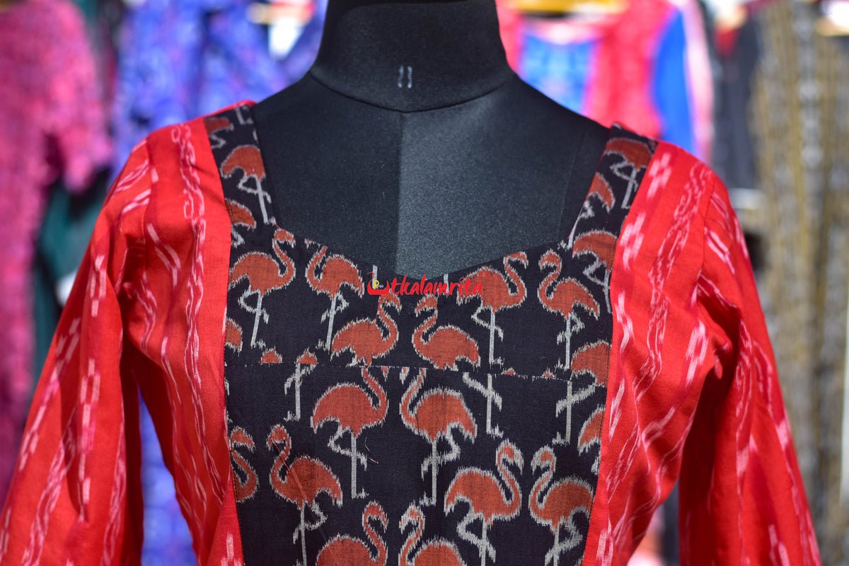 Red Lata Pasapali with Black Orange Cranes (Ladies' Kurti)