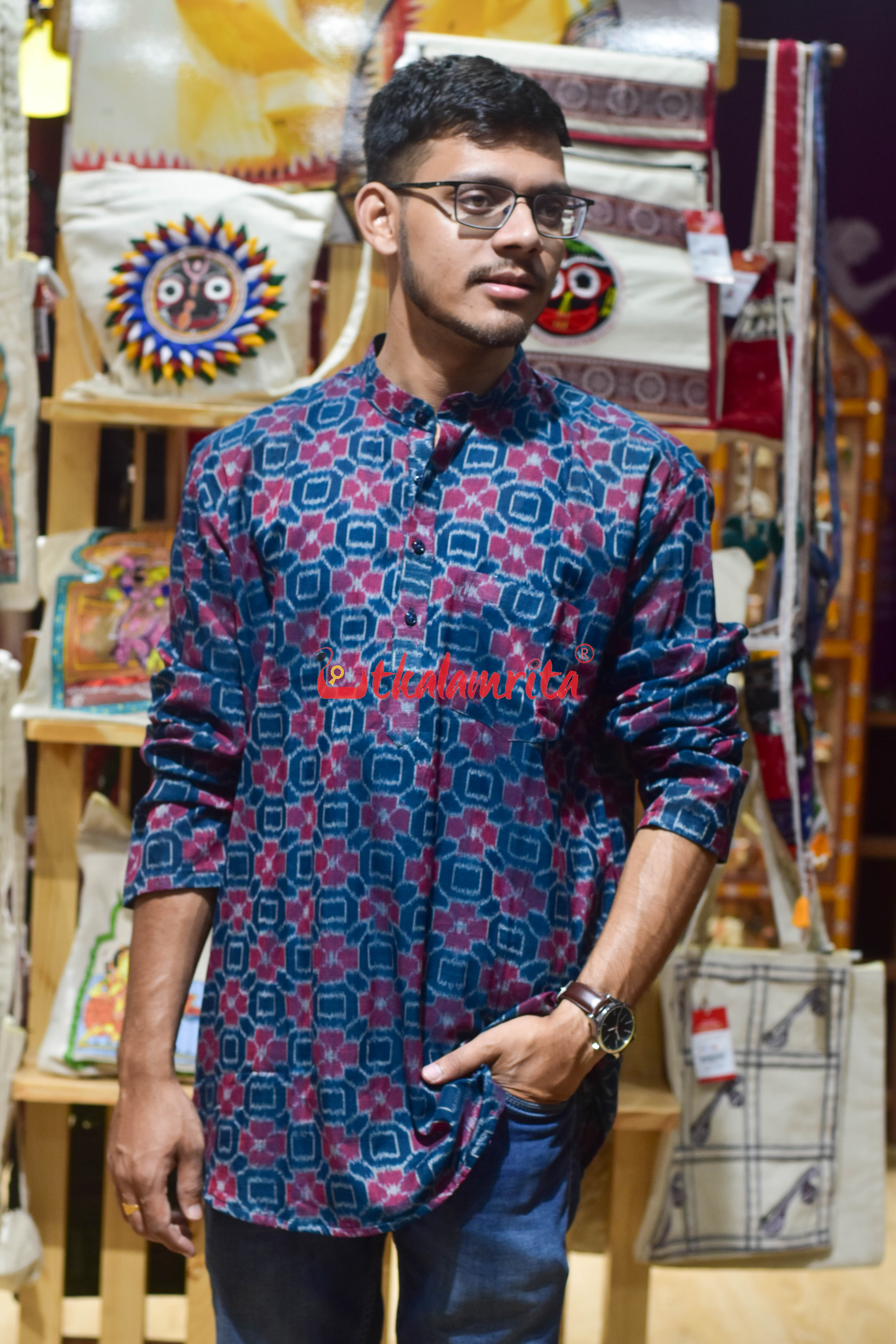Teal Hibiscus (Men's Short Kurta)