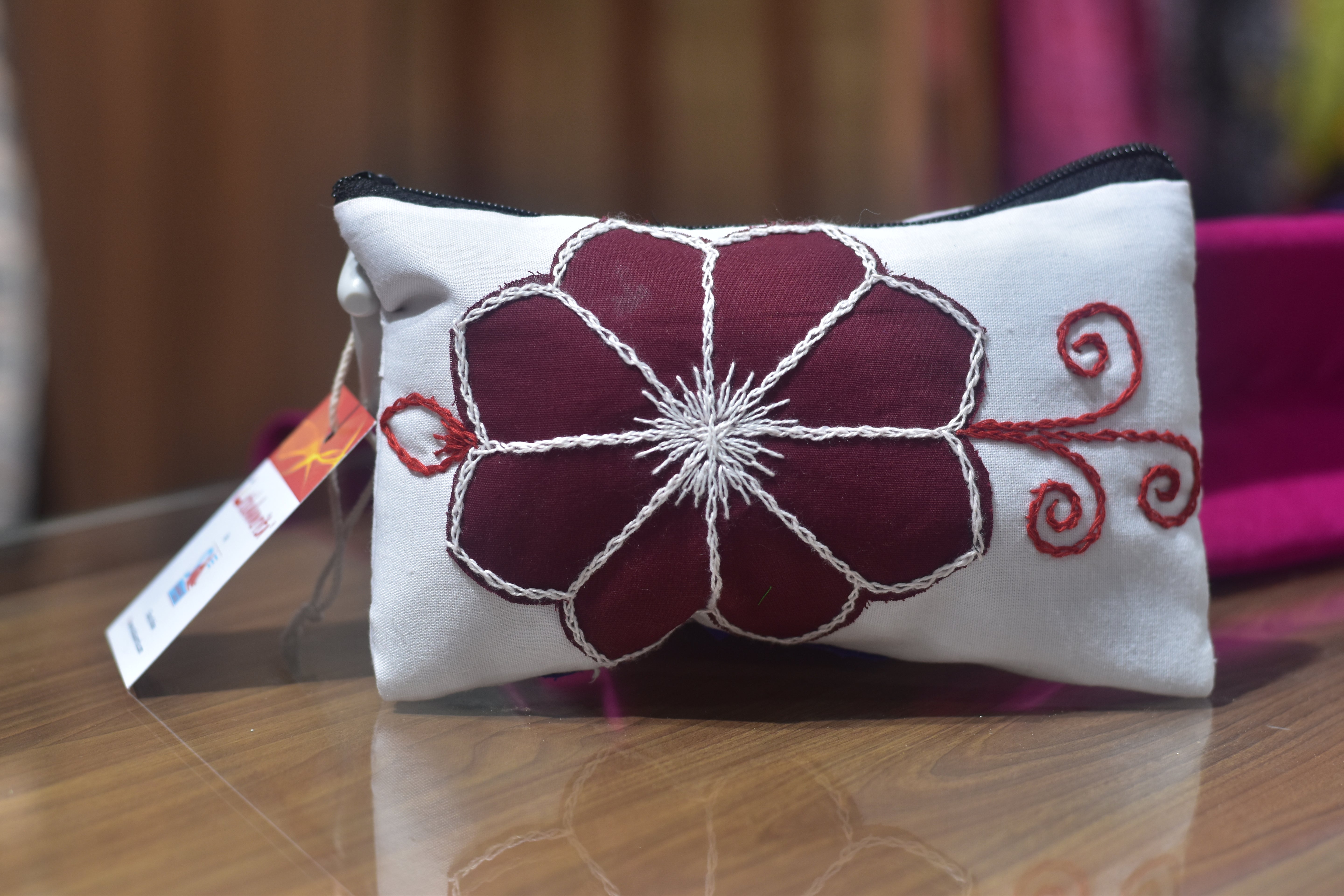 White Blue Elephant Maroon Flower Pipli Applique Purse