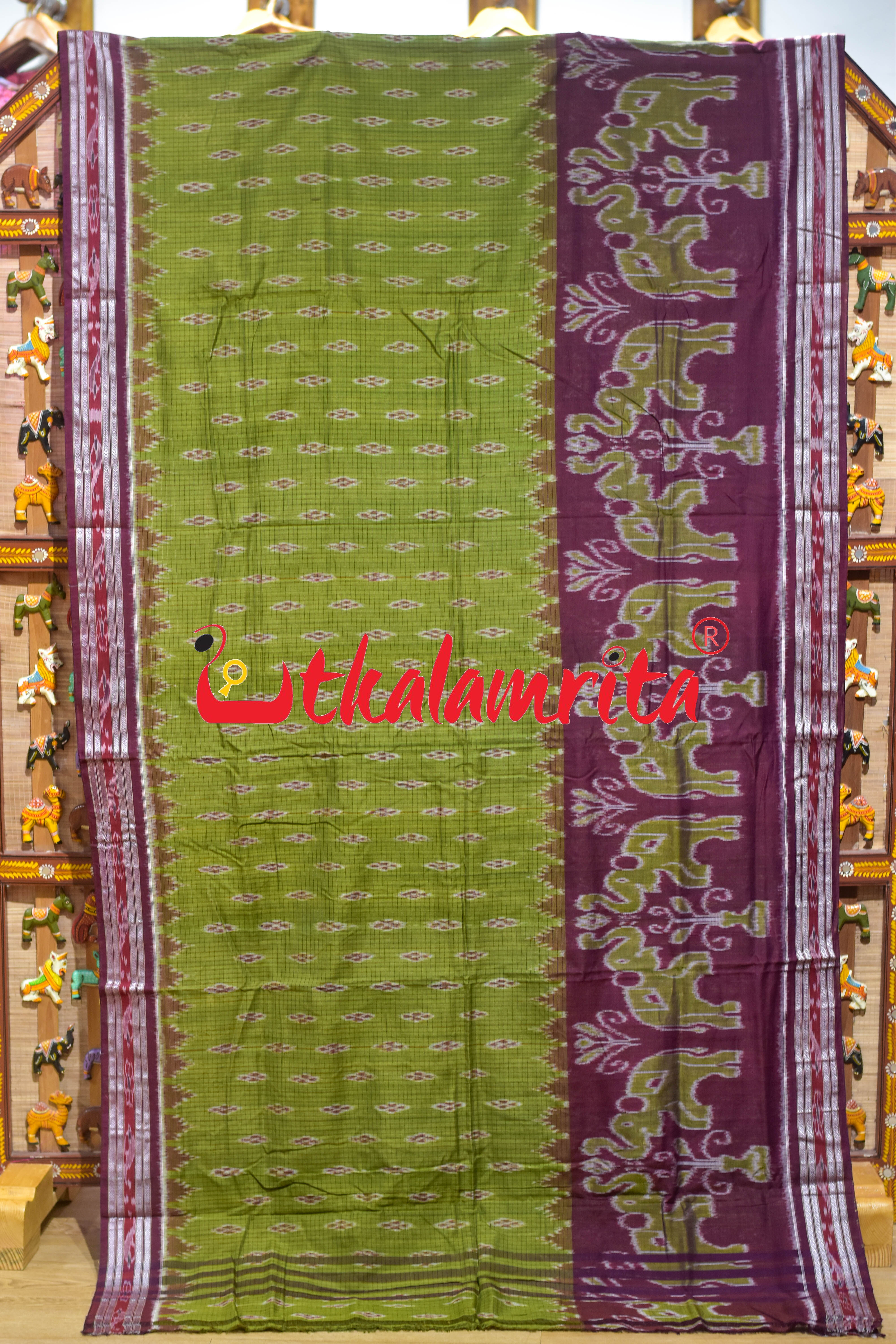 Mehndi Wine Elephant Scot Khandua Cotton Saree