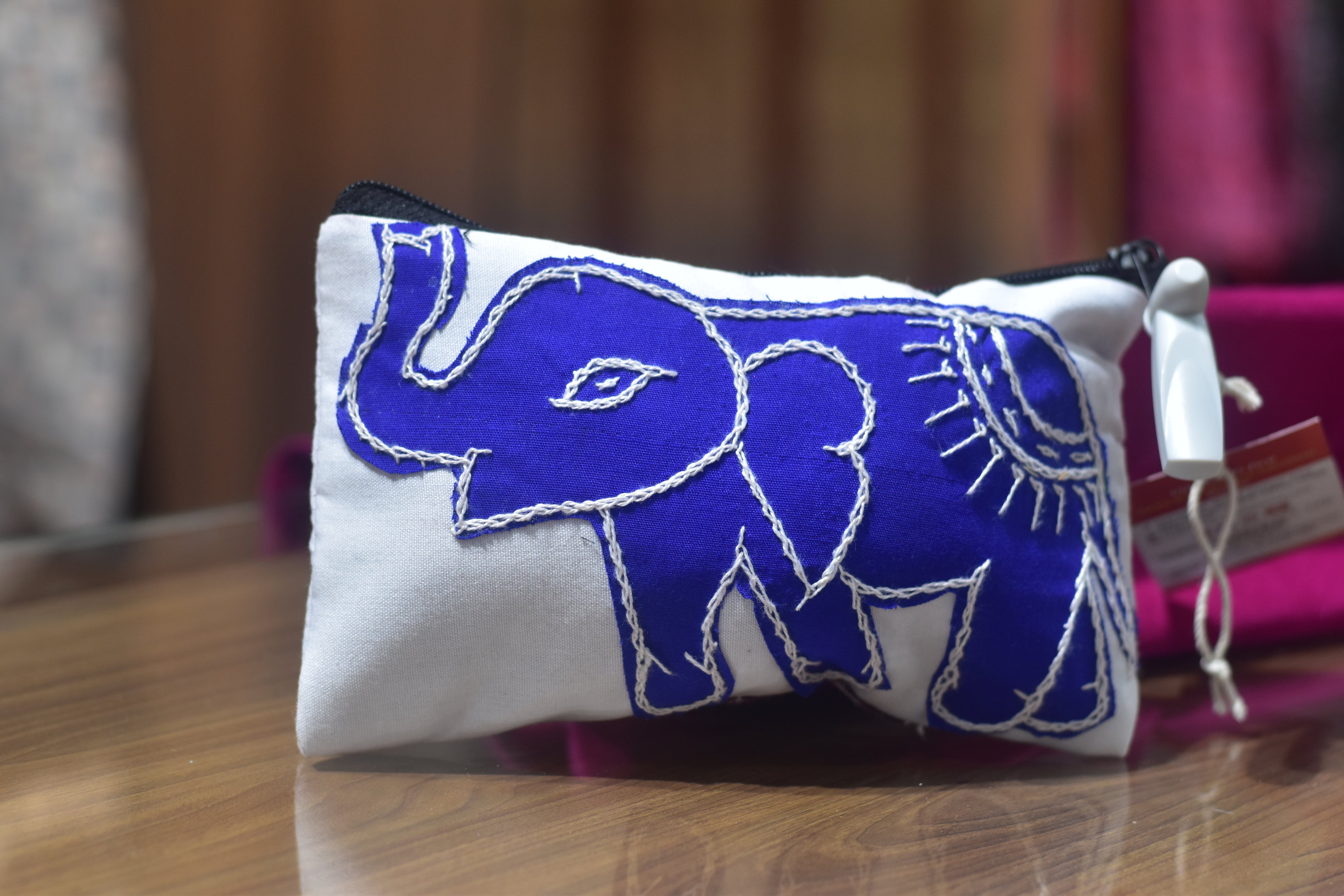 White Blue Elephant Maroon Flower Pipli Applique Purse