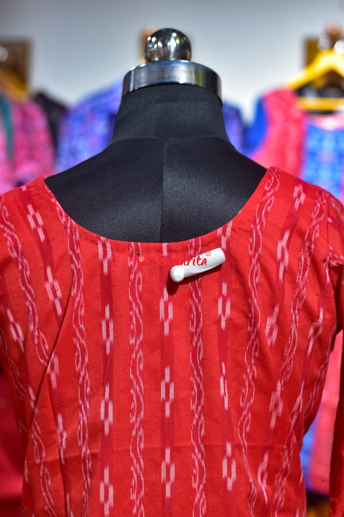 Red Lata Pasapali with Black Orange Cranes (Ladies' Kurti)