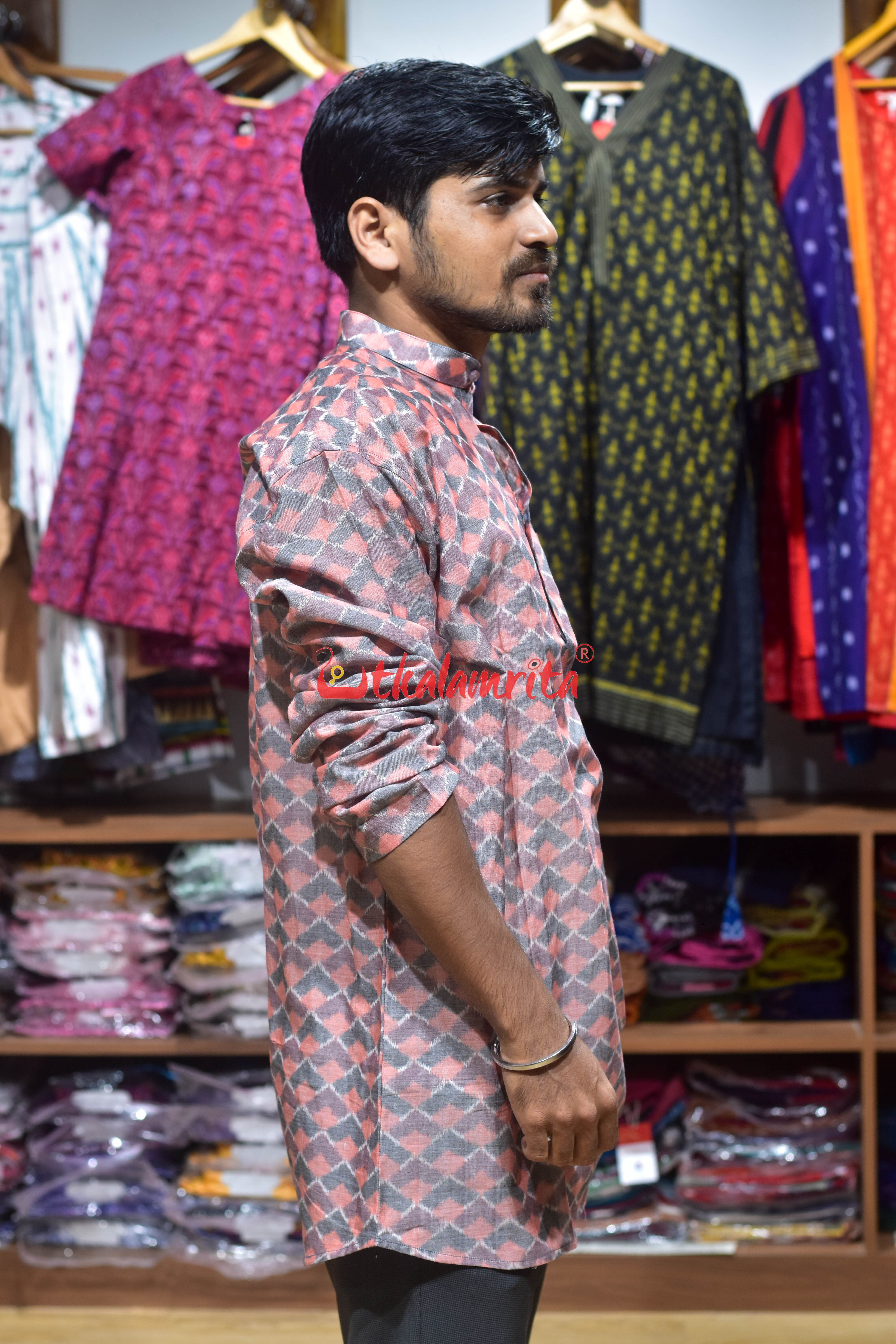 Pink Grey Pyramid (Men's Short Kurta)