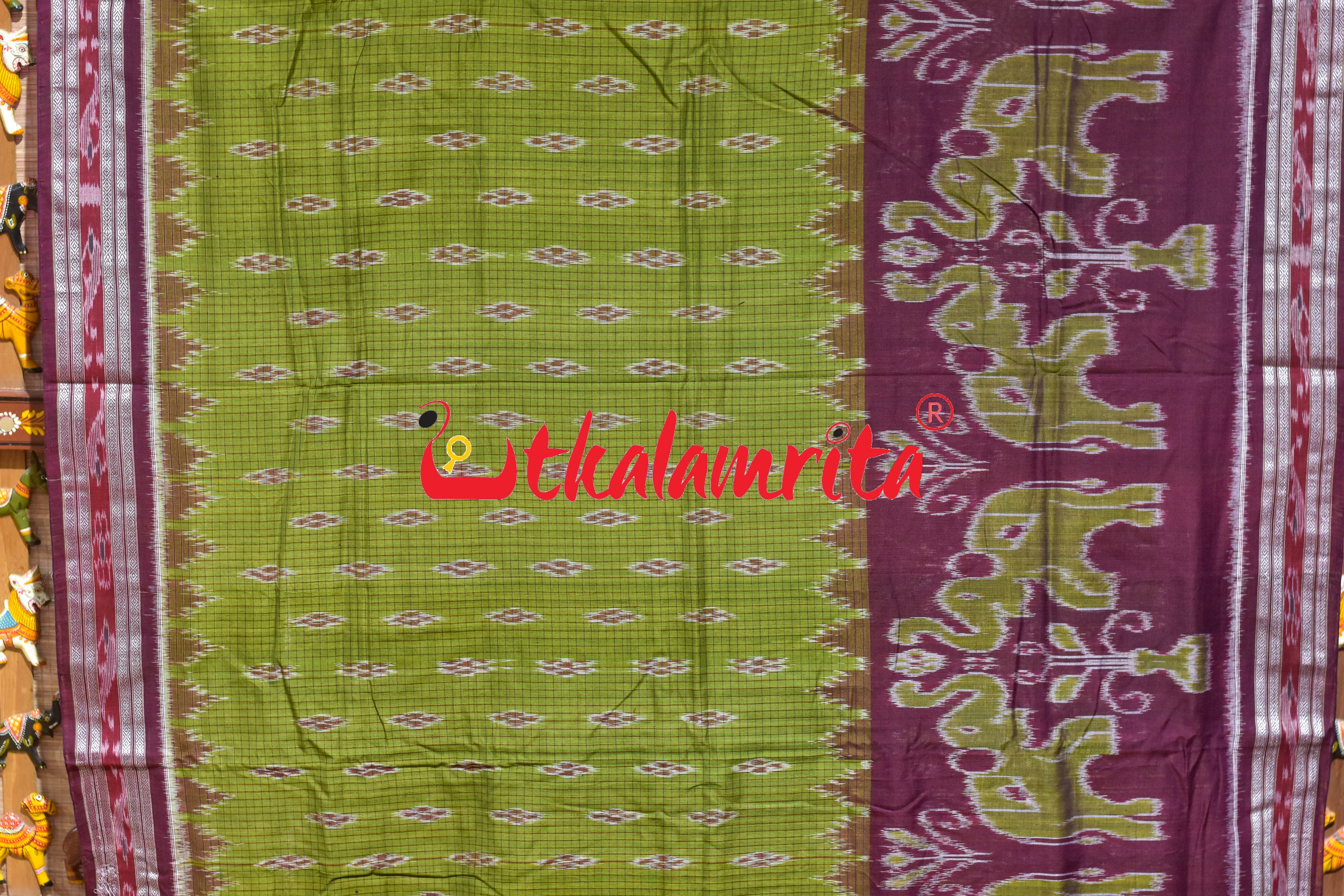 Mehndi Wine Elephant Scot Khandua Cotton Saree