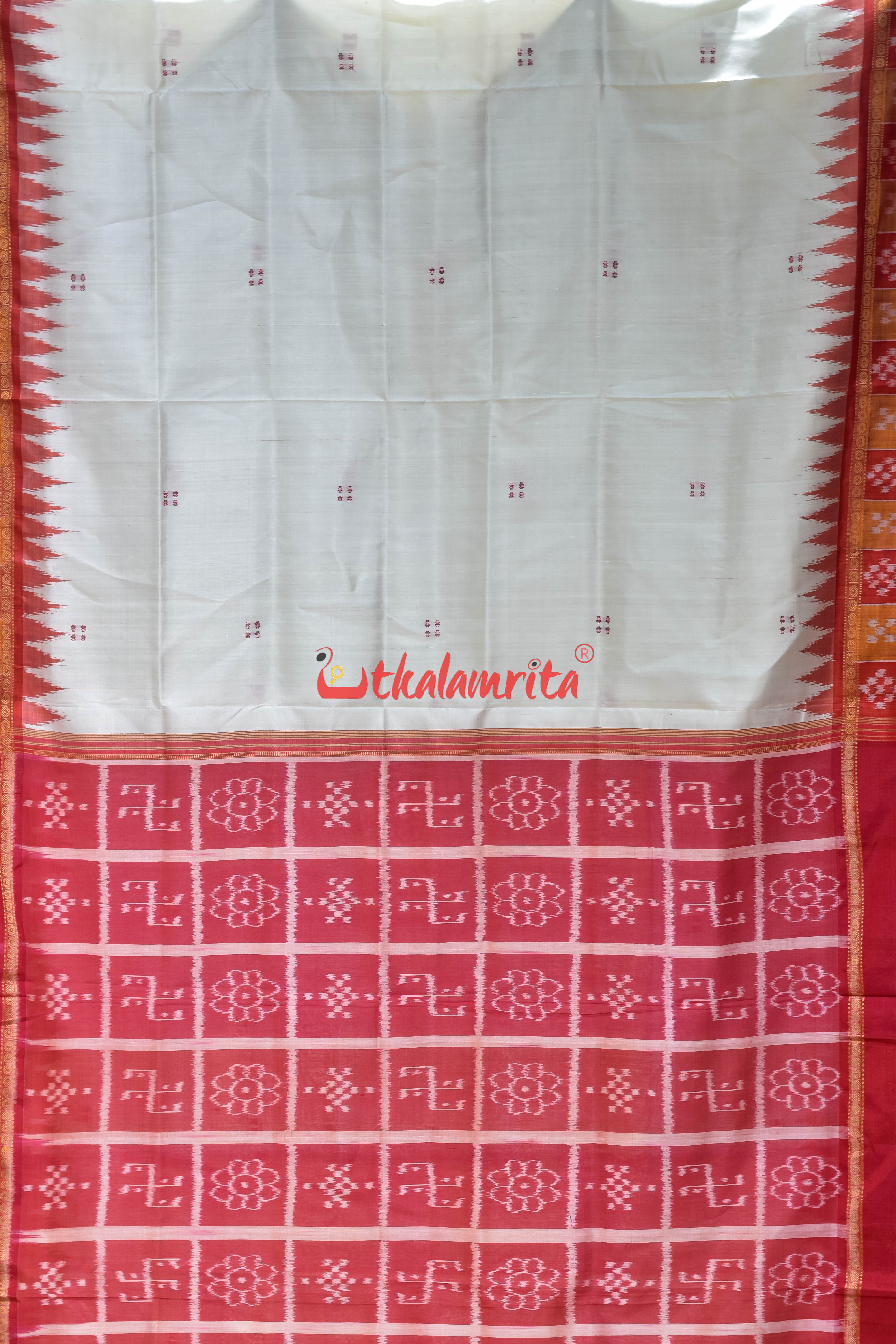 Red Orange Pasapali with Swastik Anchal Khandua Silk Saree