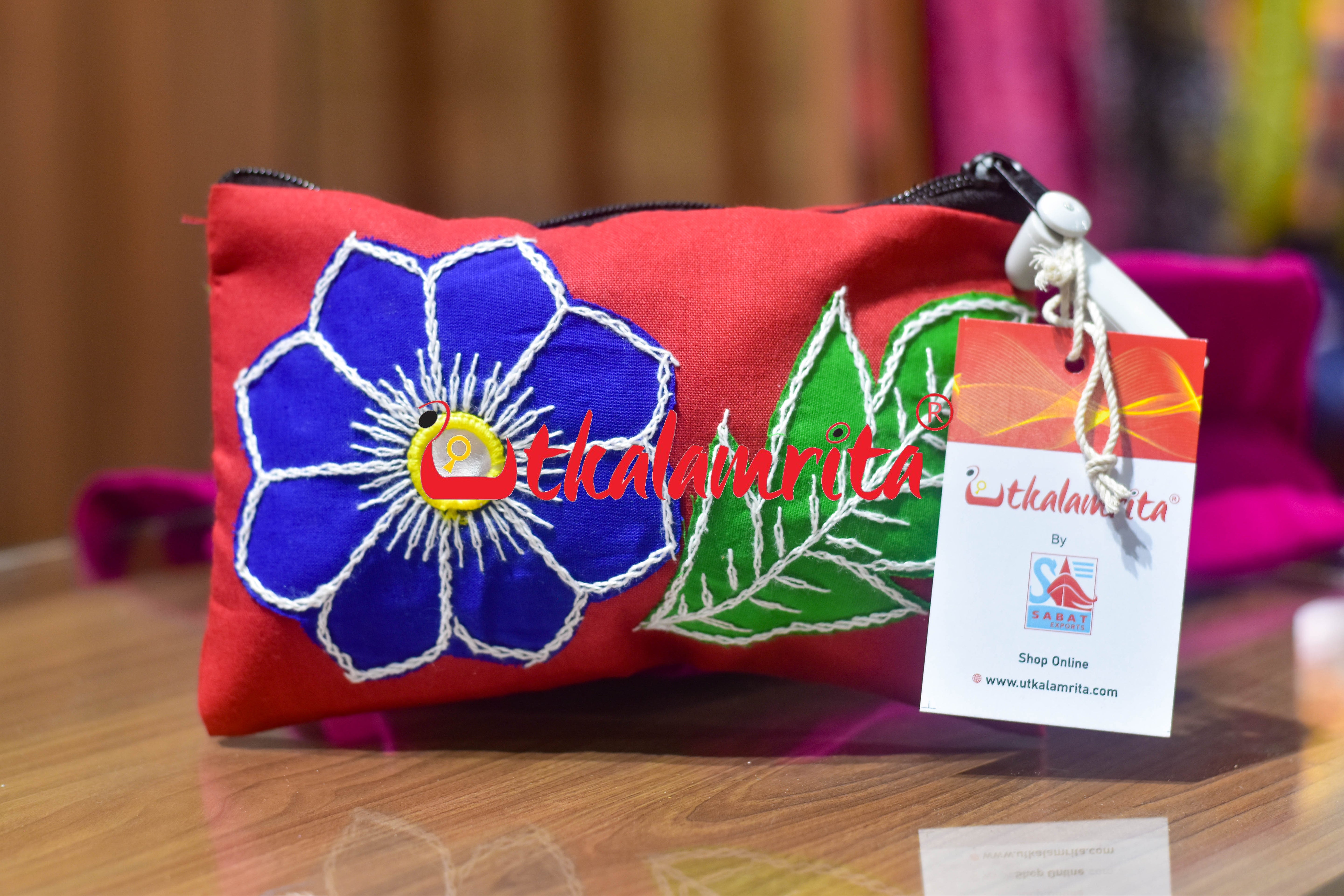 Red Blue Flower Leaf Pipli Applique Purse