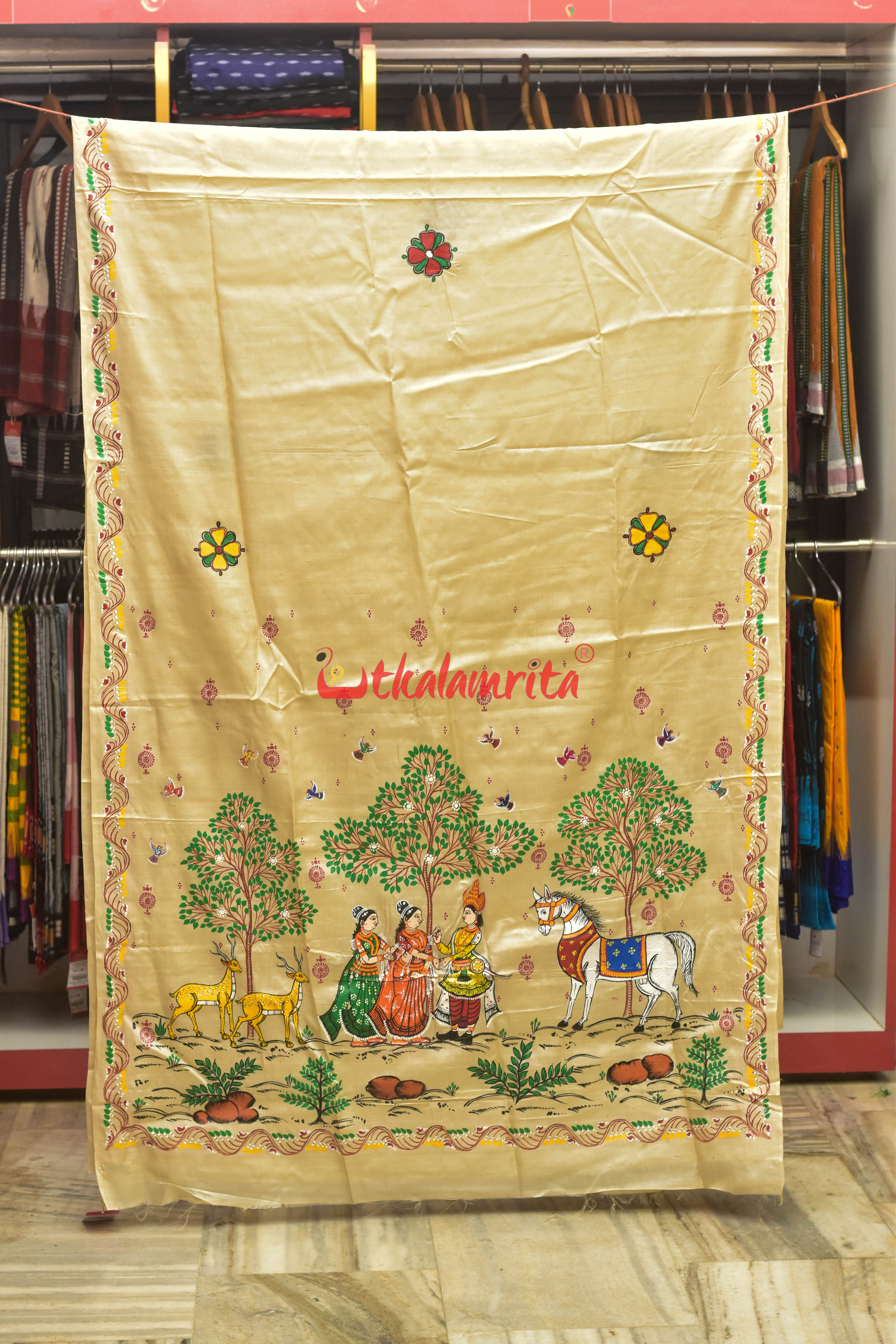 Sakuntala and Deer Pattachitra Tussar Silk Saree