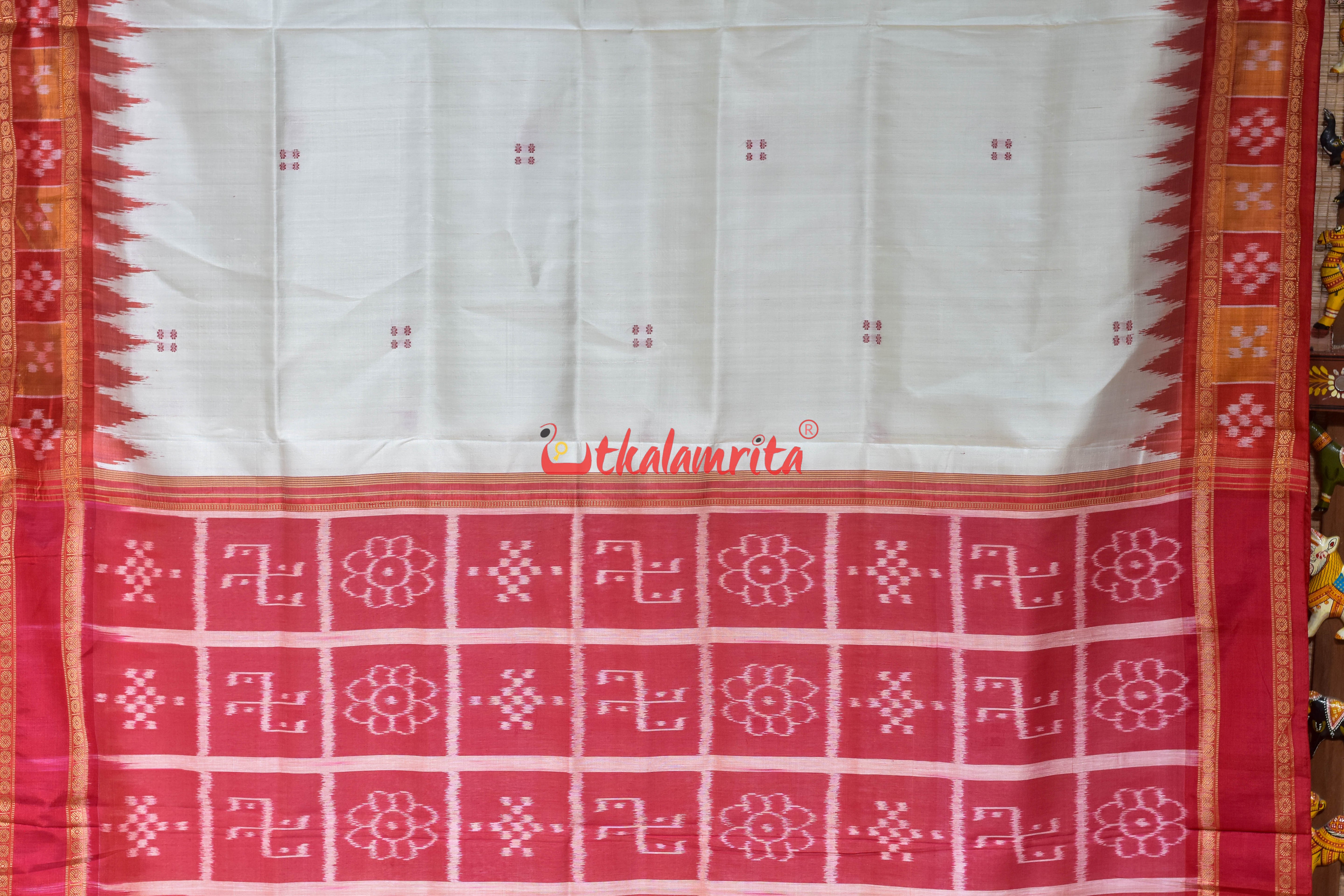 Red Orange Pasapali with Swastik Anchal Khandua Silk Saree