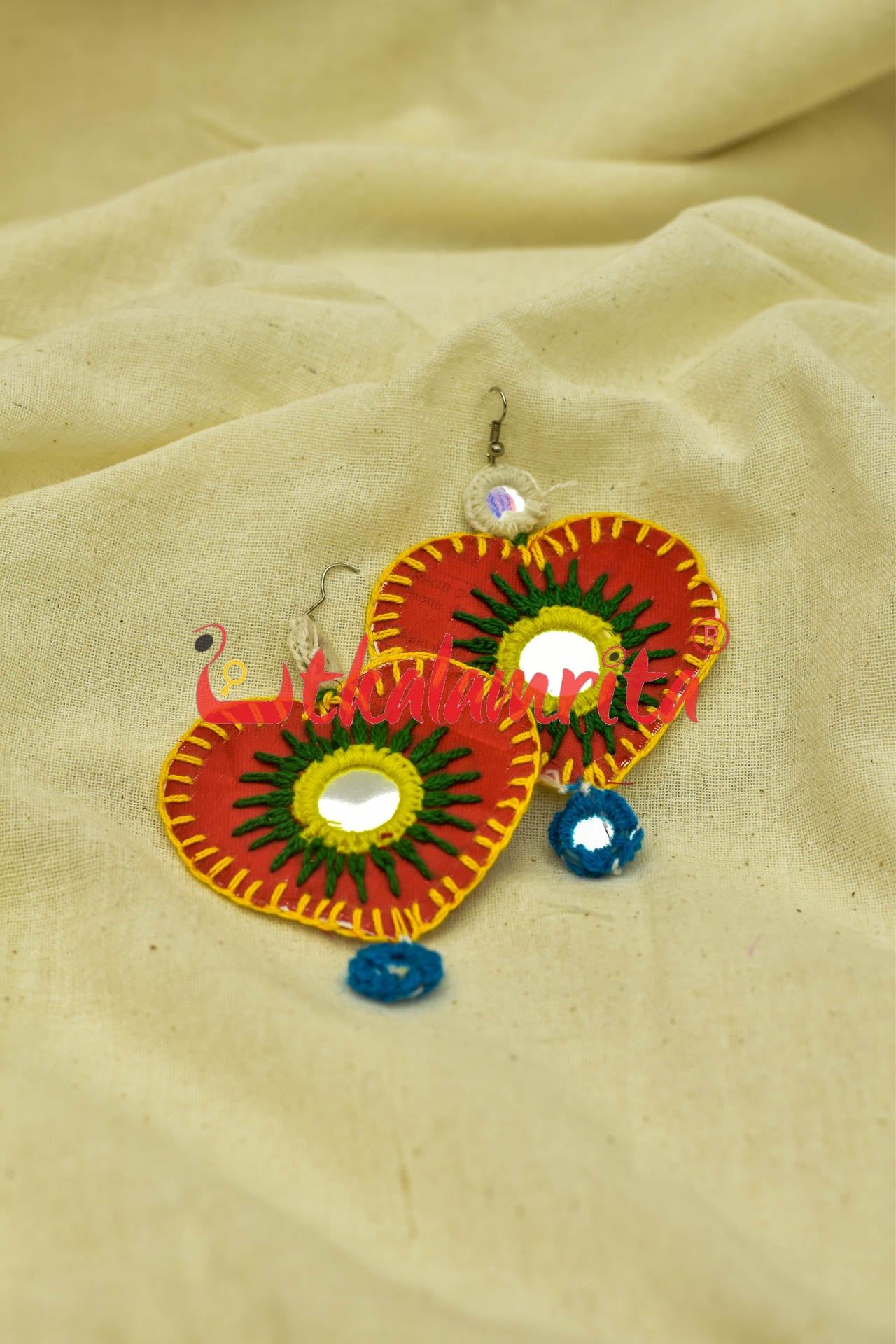 Red Hearts Double Mirrors (Pipli applique danglers)