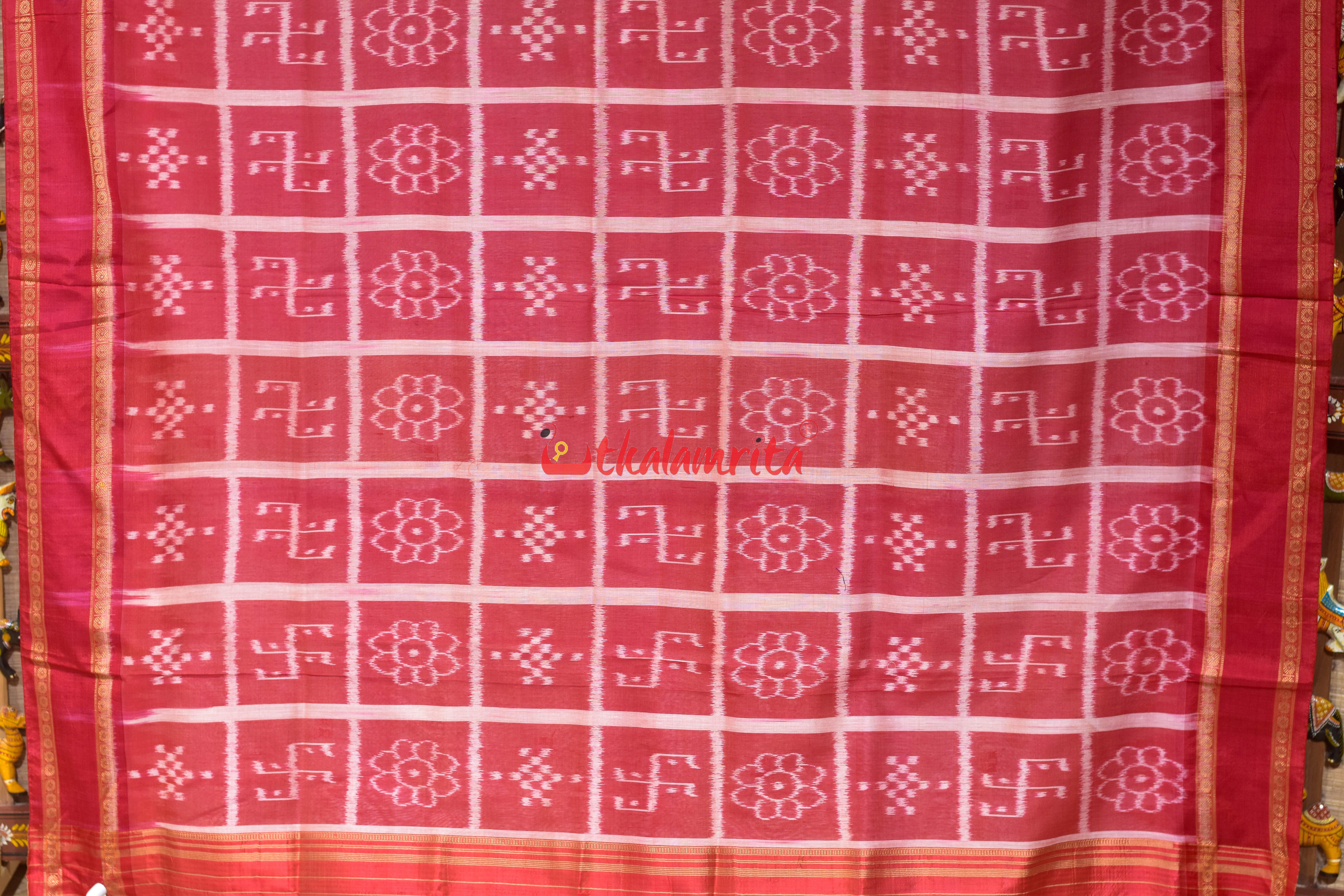 Red Orange Pasapali with Swastik Anchal Khandua Silk Saree