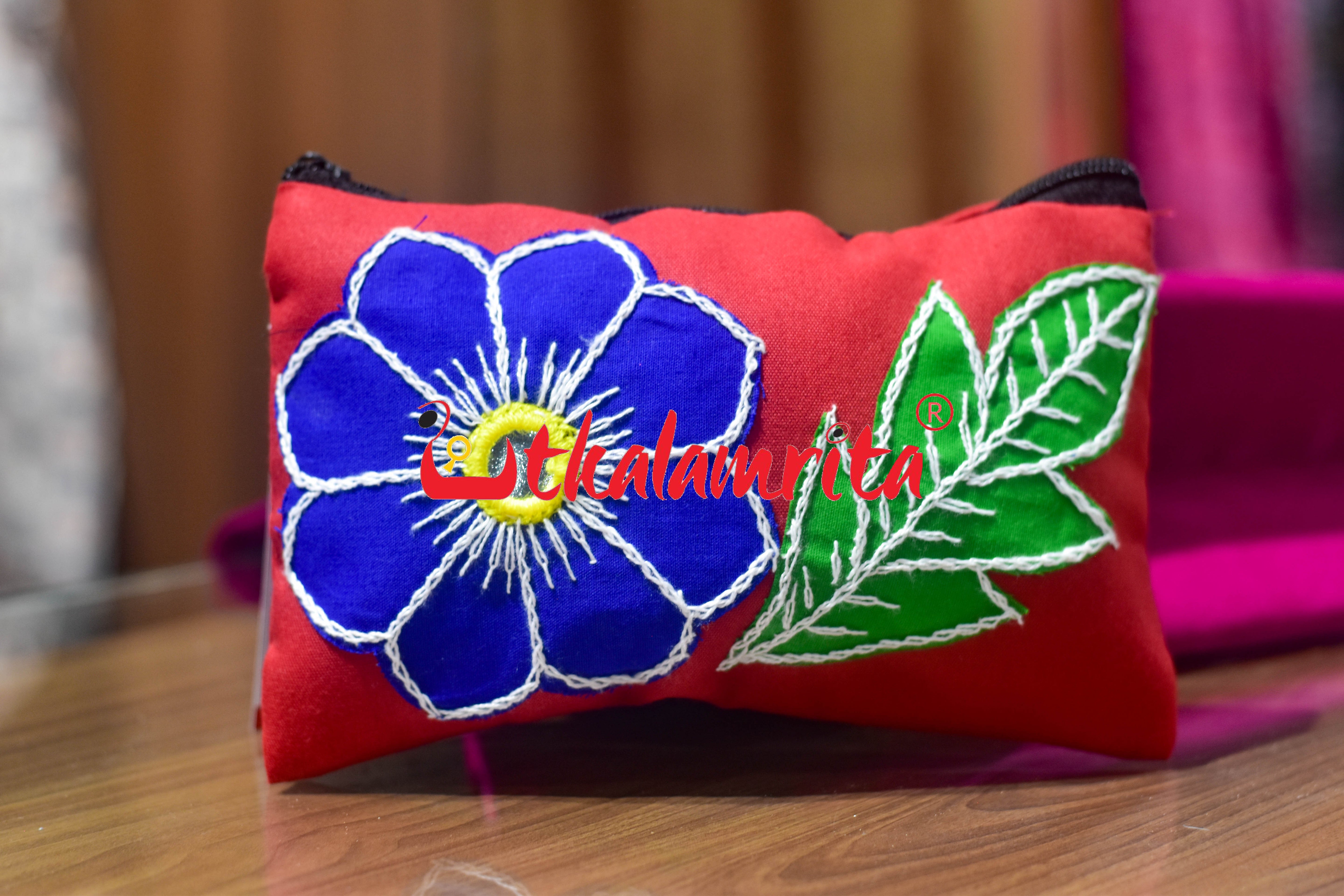 Red Blue Flower Leaf Pipli Applique Purse