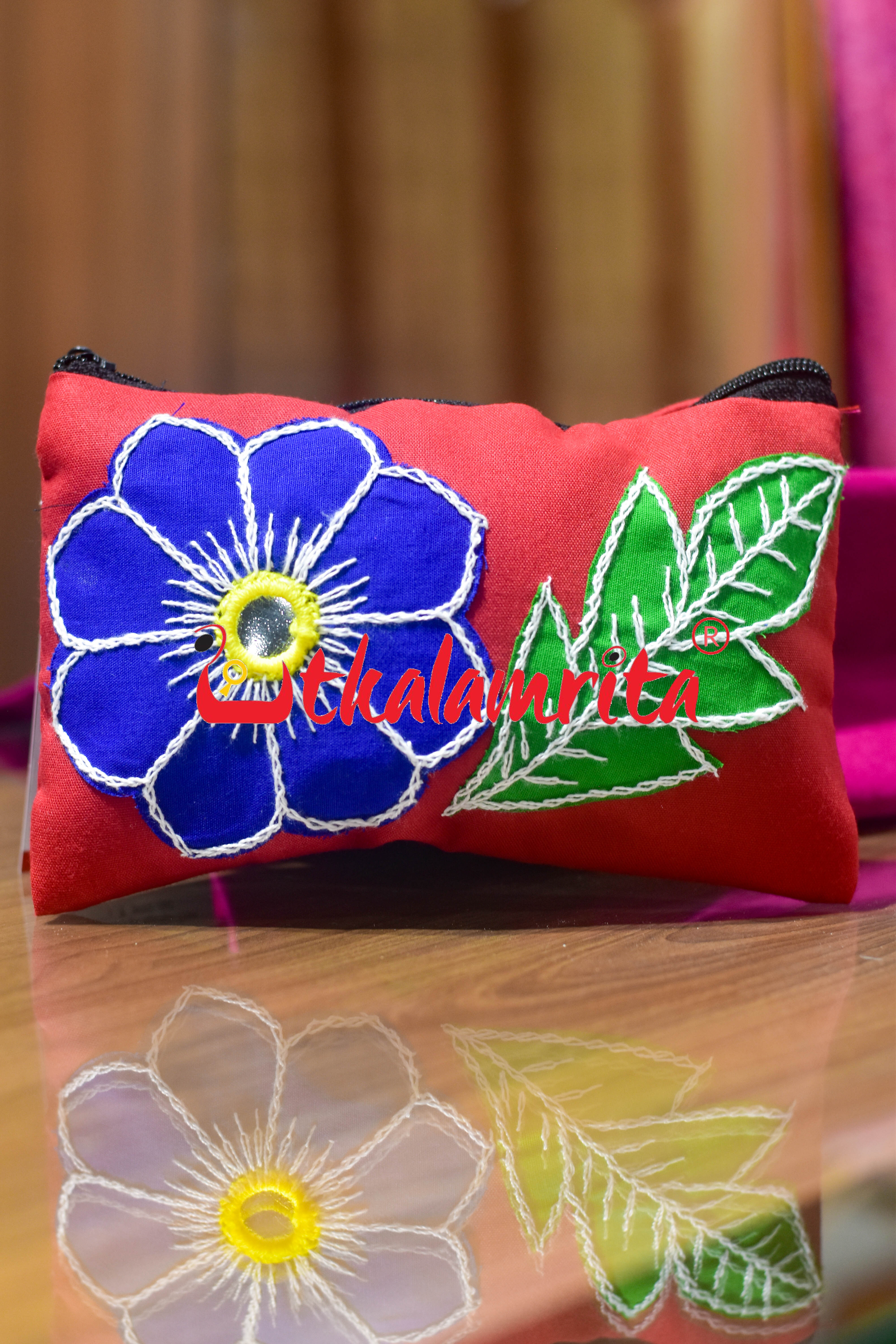 Red Blue Flower Leaf Pipli Applique Purse