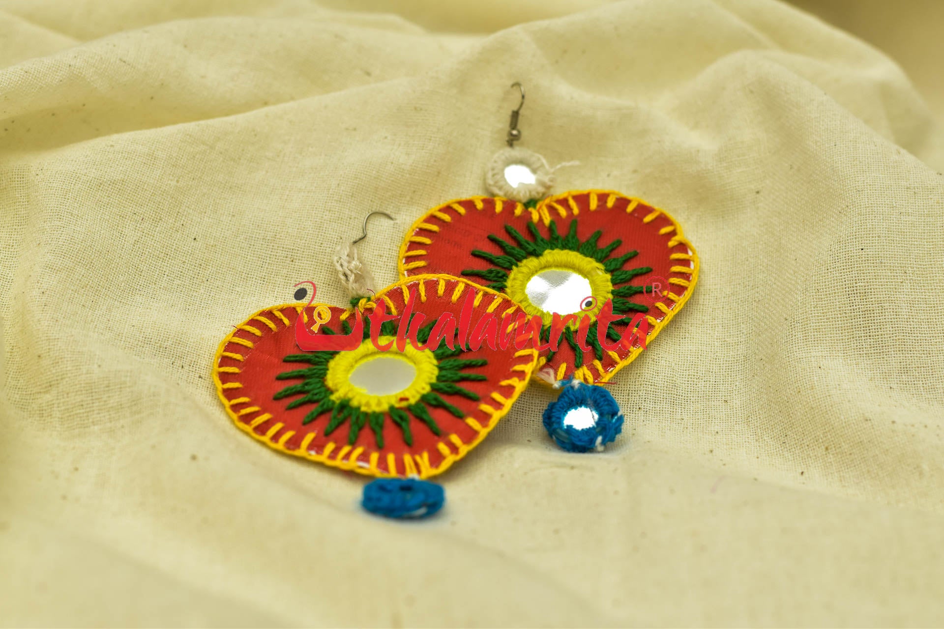 Red Hearts Double Mirrors (Pipli applique danglers)