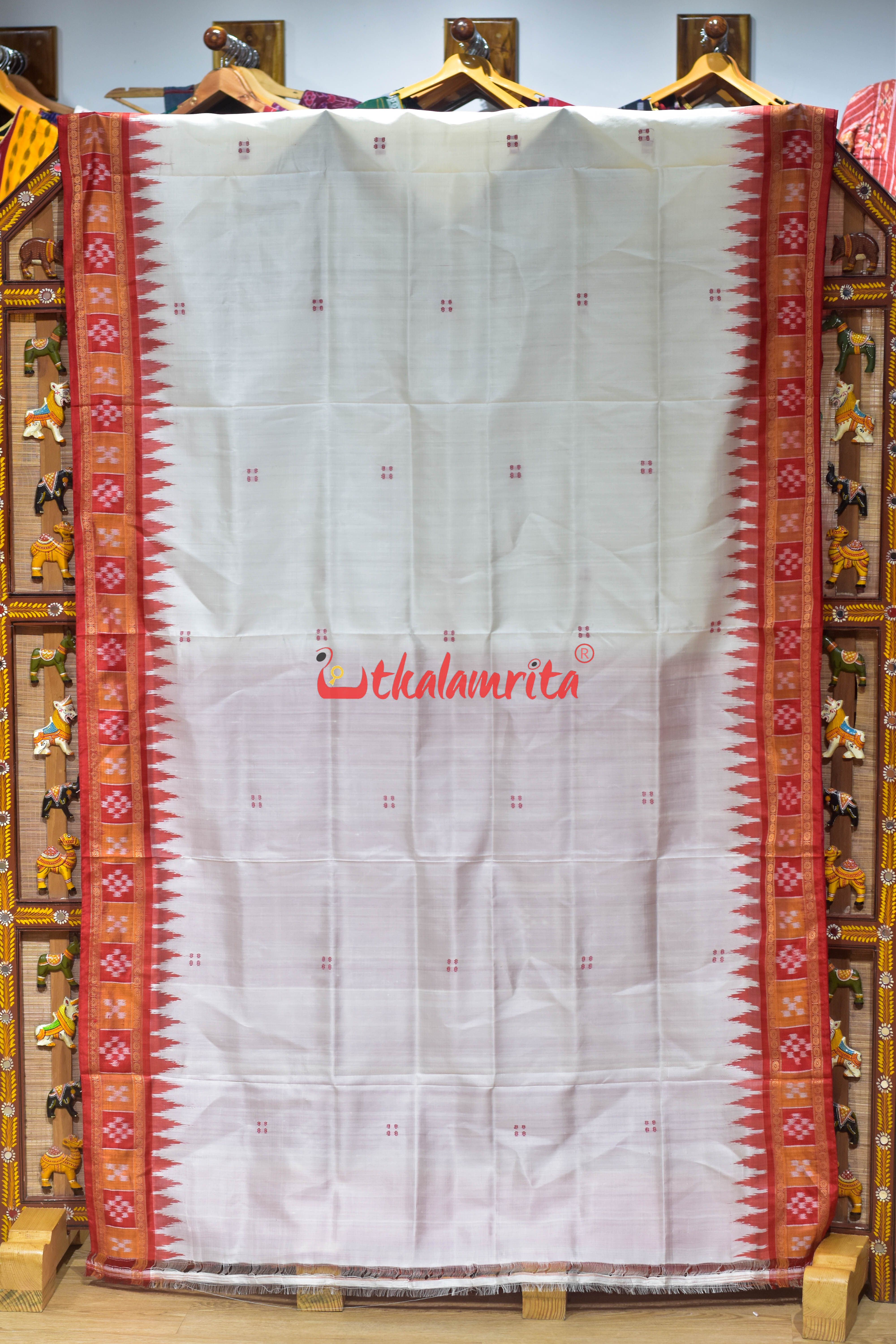 Red Orange Pasapali with Swastik Anchal Khandua Silk Saree