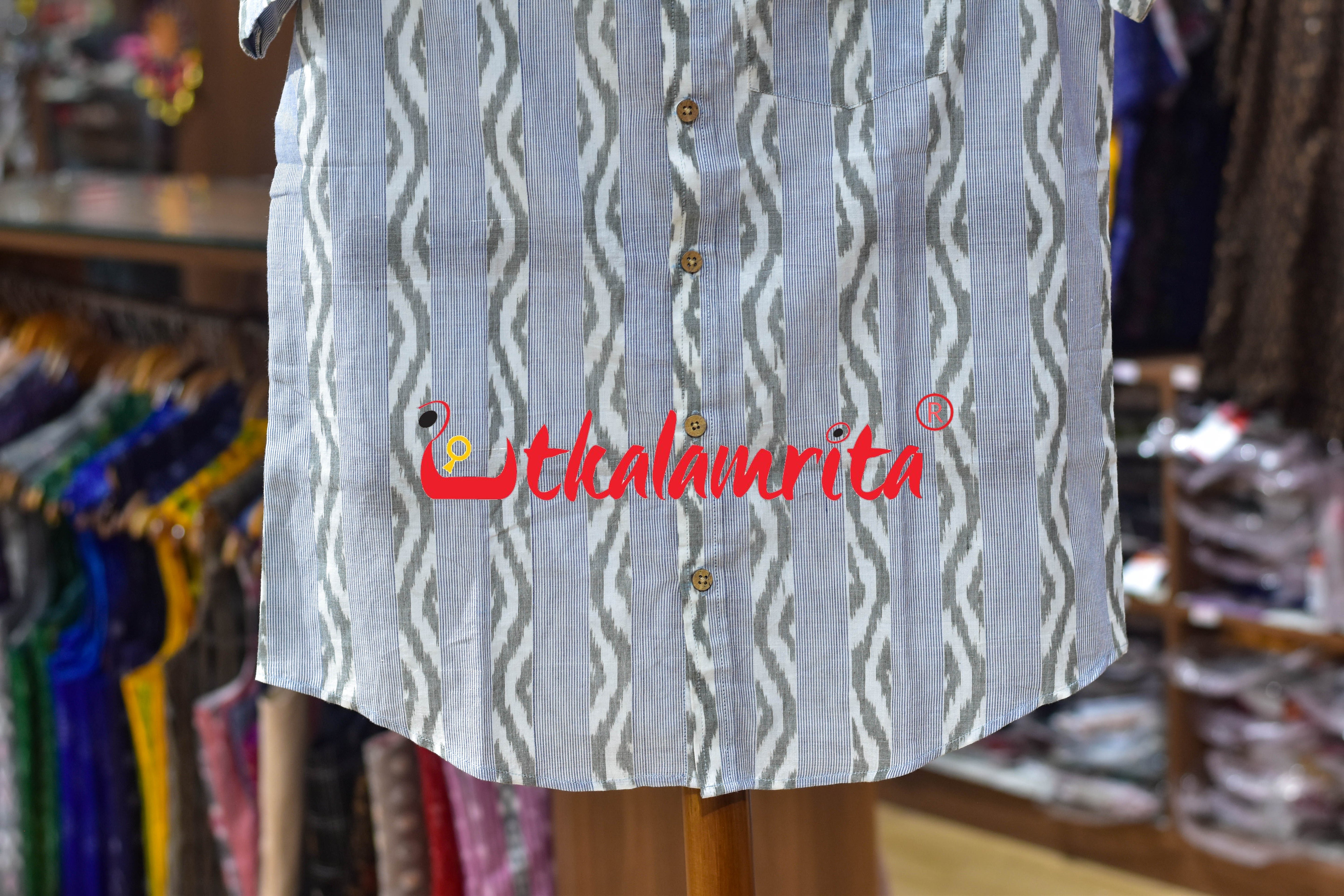 White Blue Lahari Lines Cotton (Men's Half Shirt)