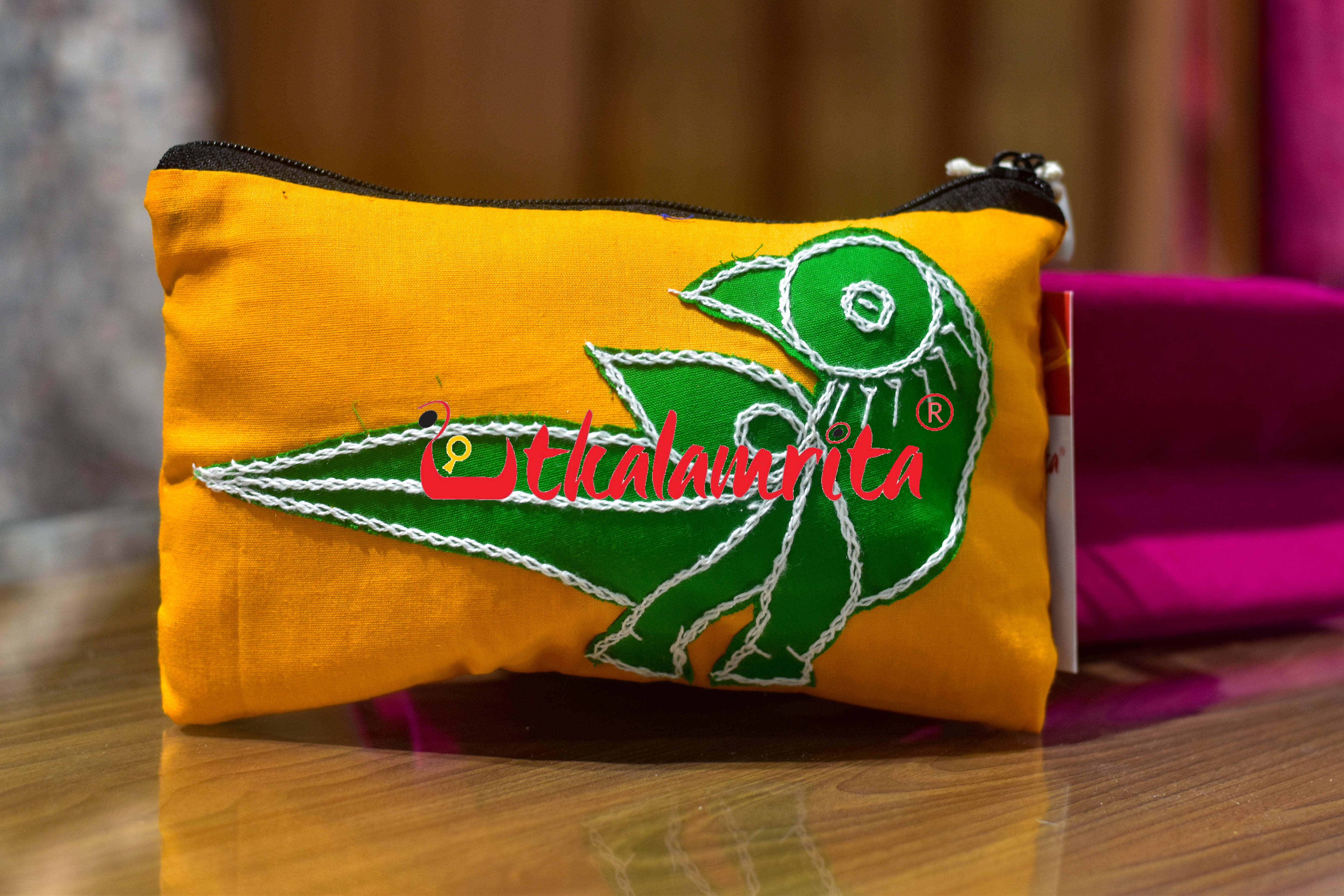 Yellow Green Parrot Pipli Applique Purse