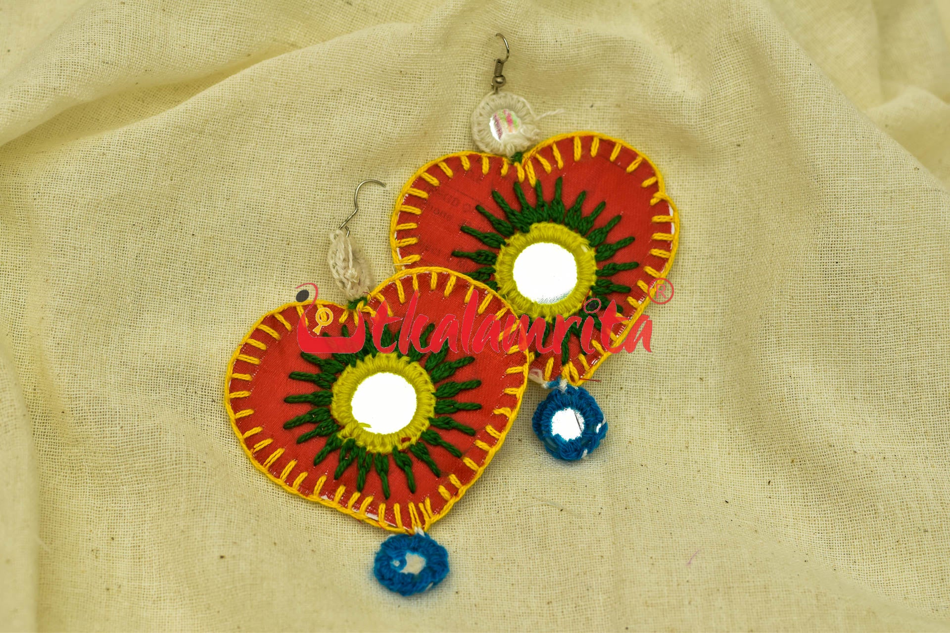 Red Hearts Double Mirrors (Pipli applique danglers)