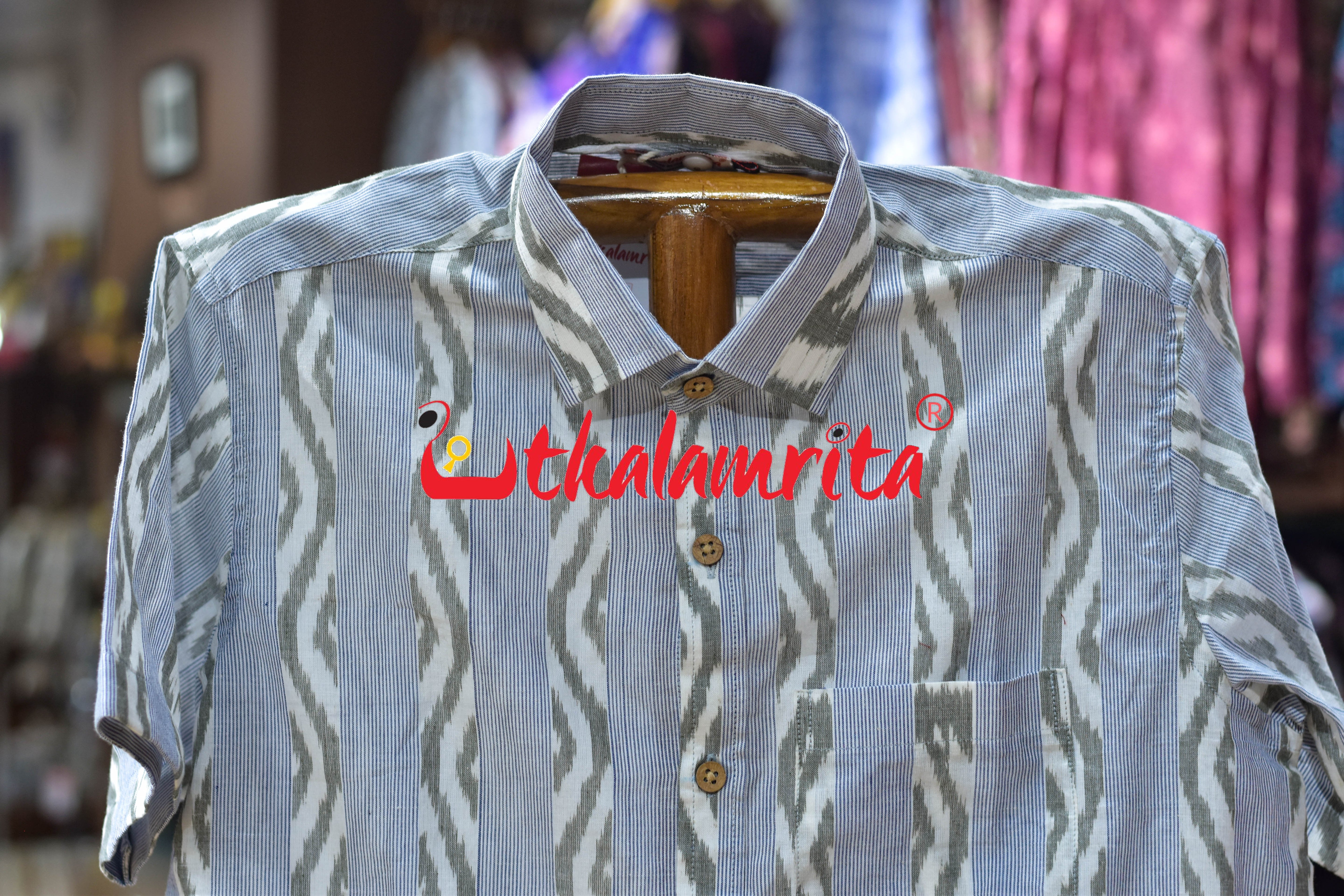 White Blue Lahari Lines Cotton (Men's Half Shirt)