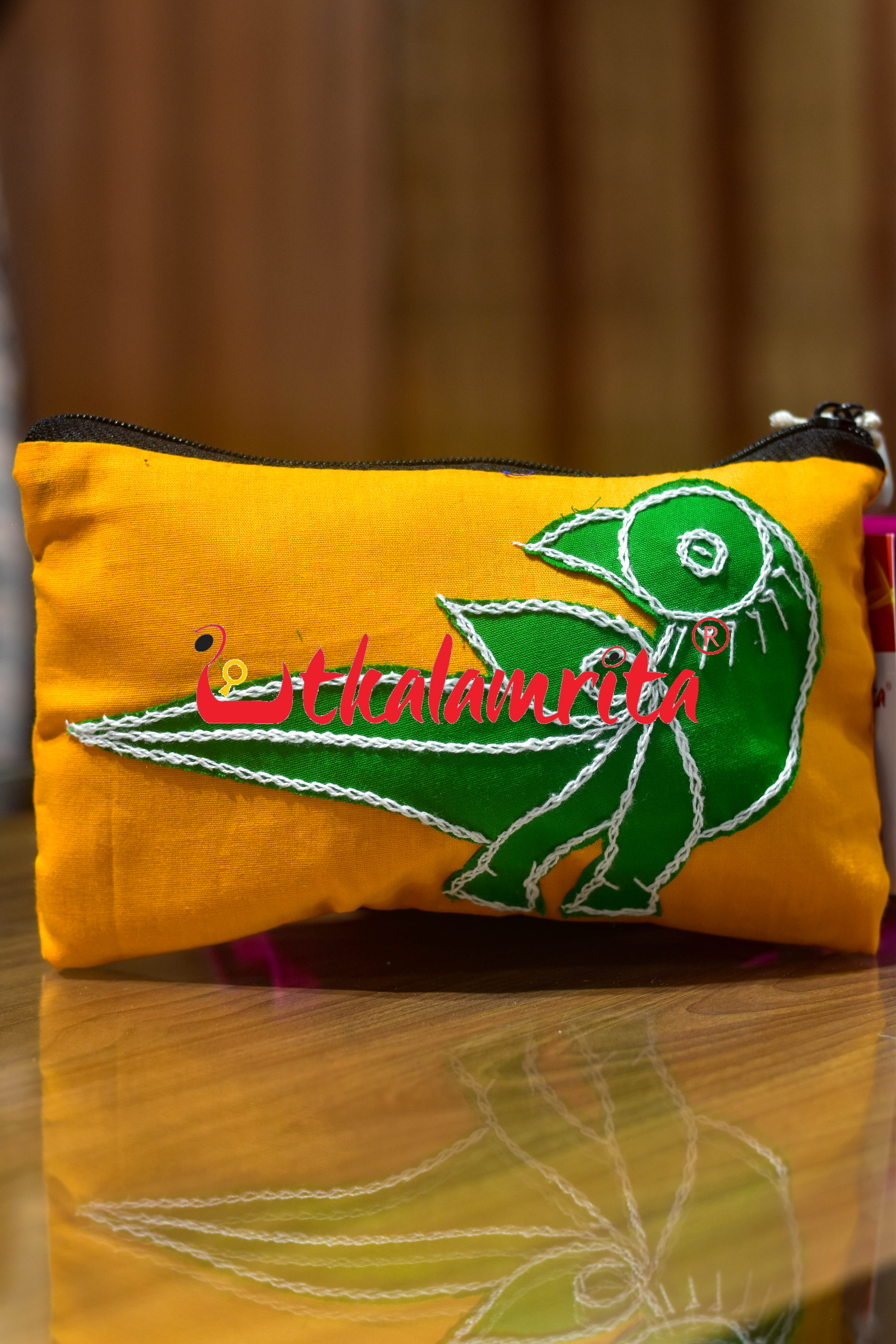 Yellow Green Parrot Pipli Applique Purse