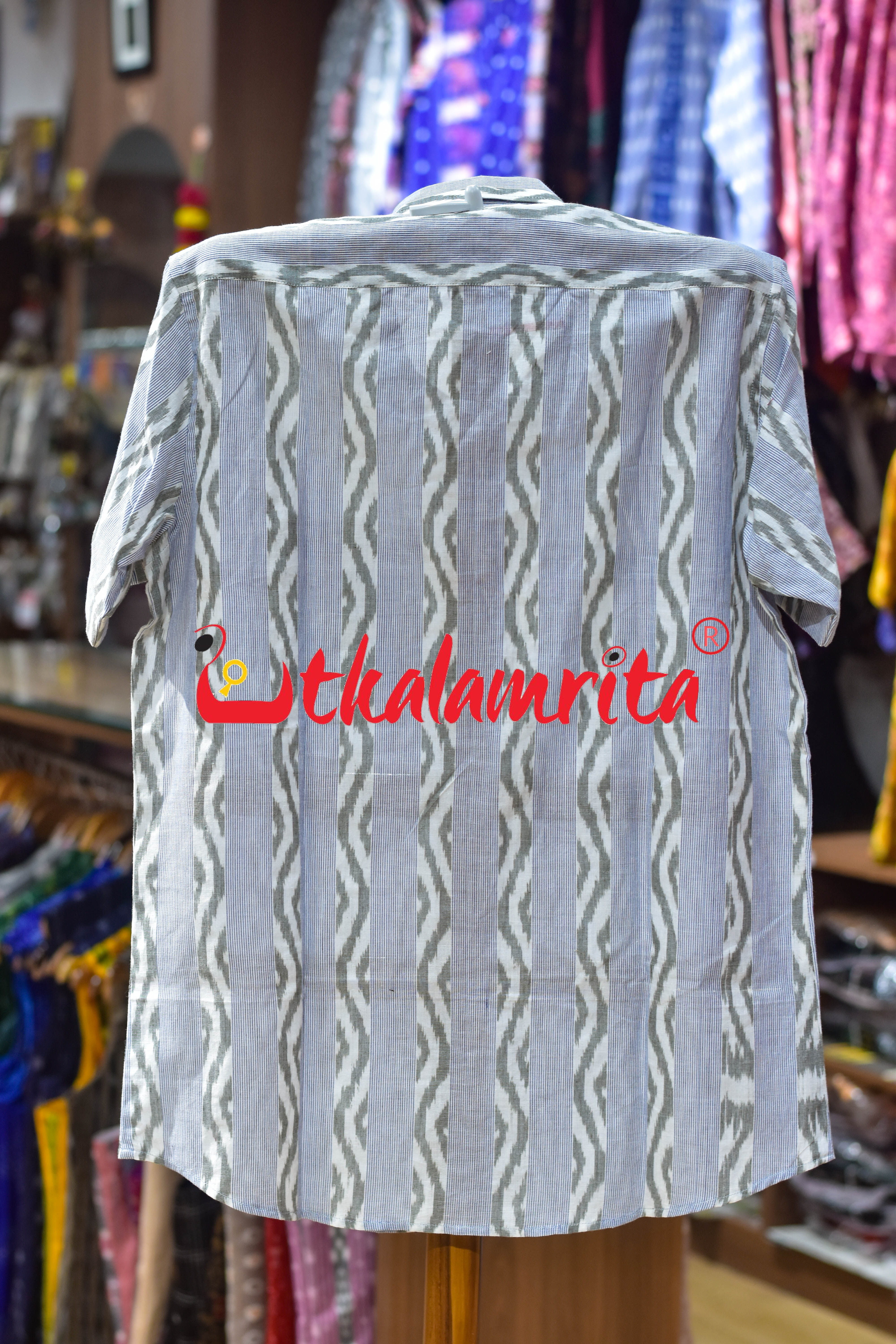 White Blue Lahari Lines Cotton (Men's Half Shirt)