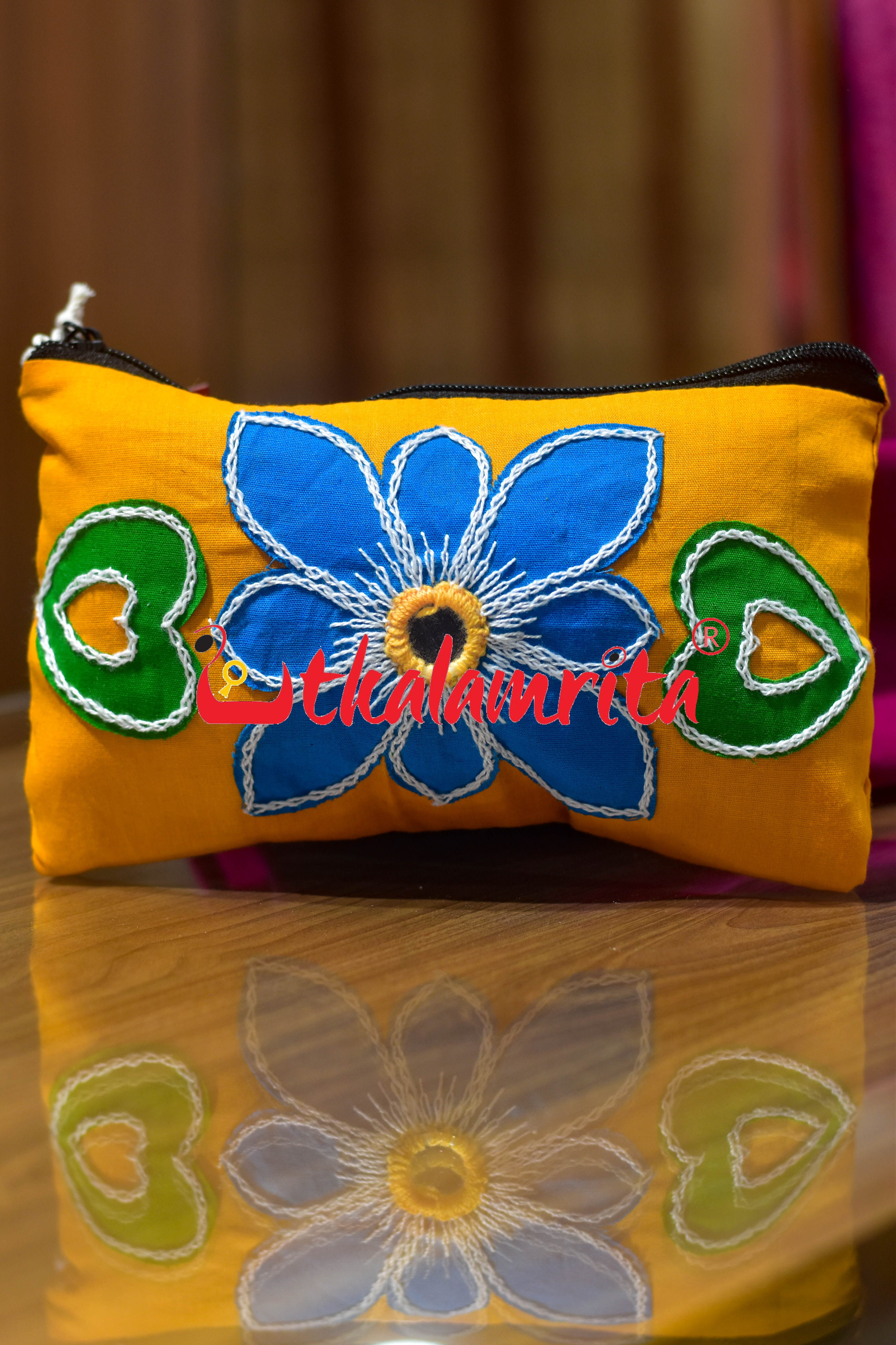 Yellow Green Parrot Pipli Applique Purse