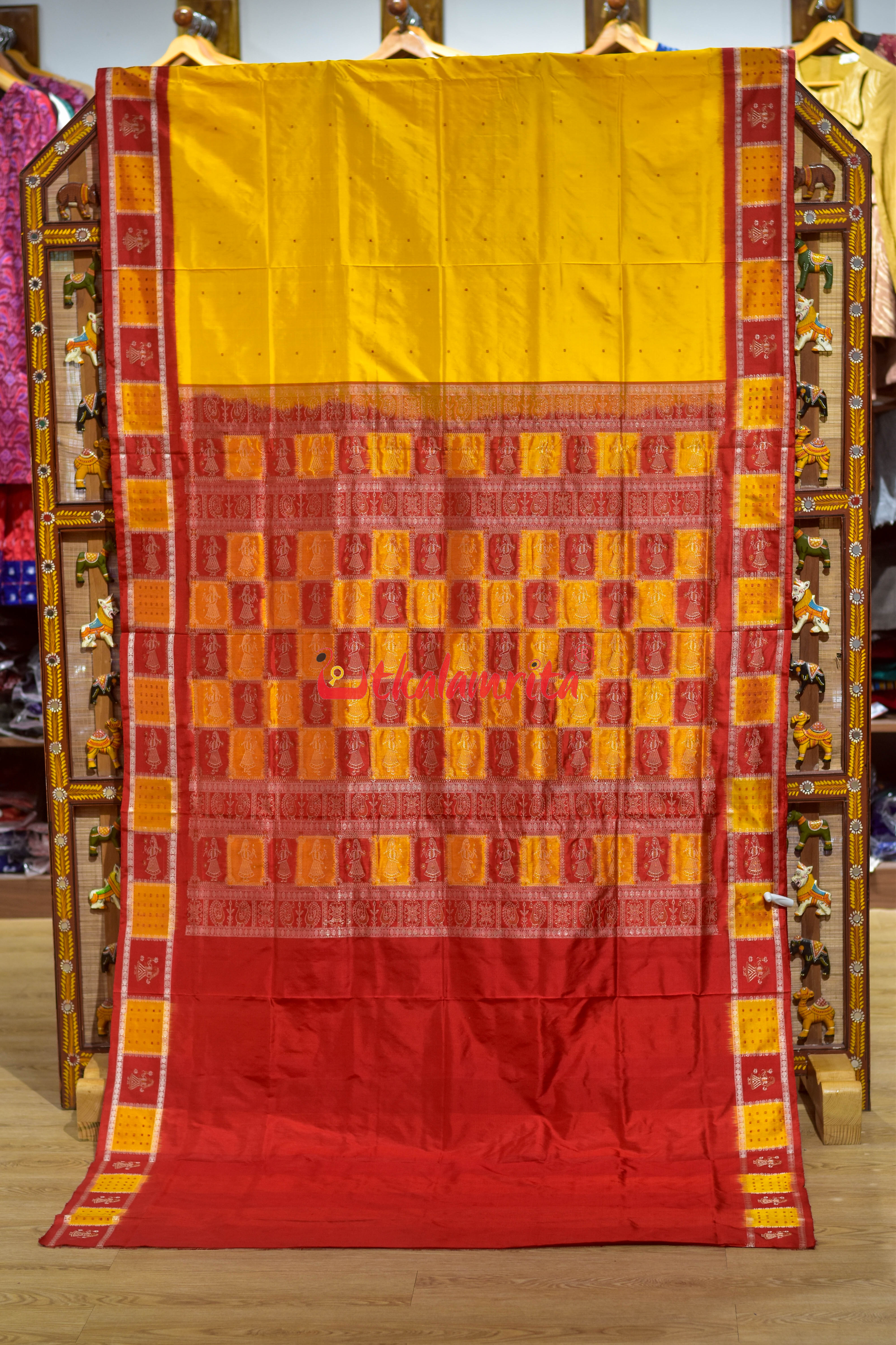 Yellow Red Doll Border Bomkai Silk Saree