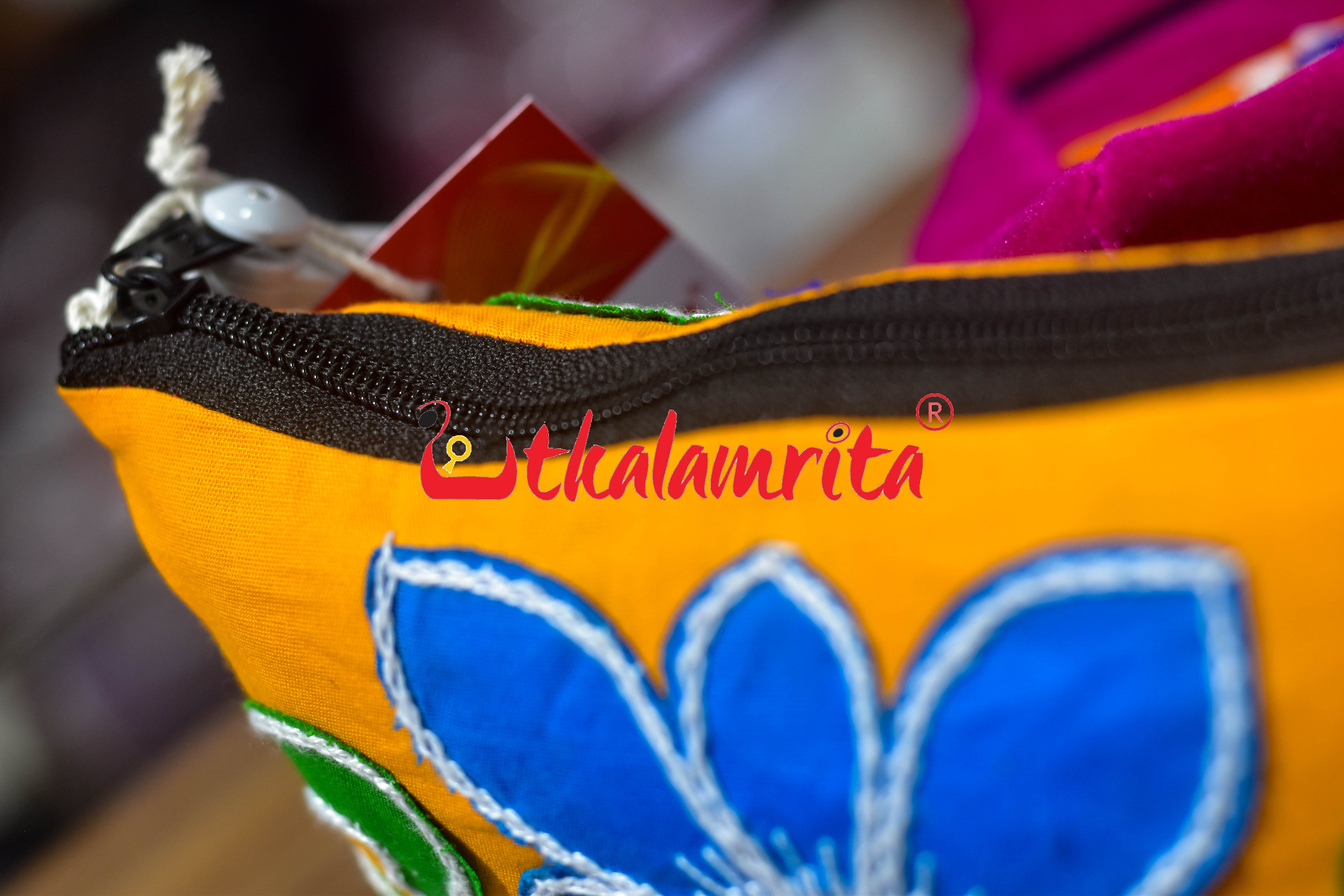 Yellow Green Parrot Pipli Applique Purse