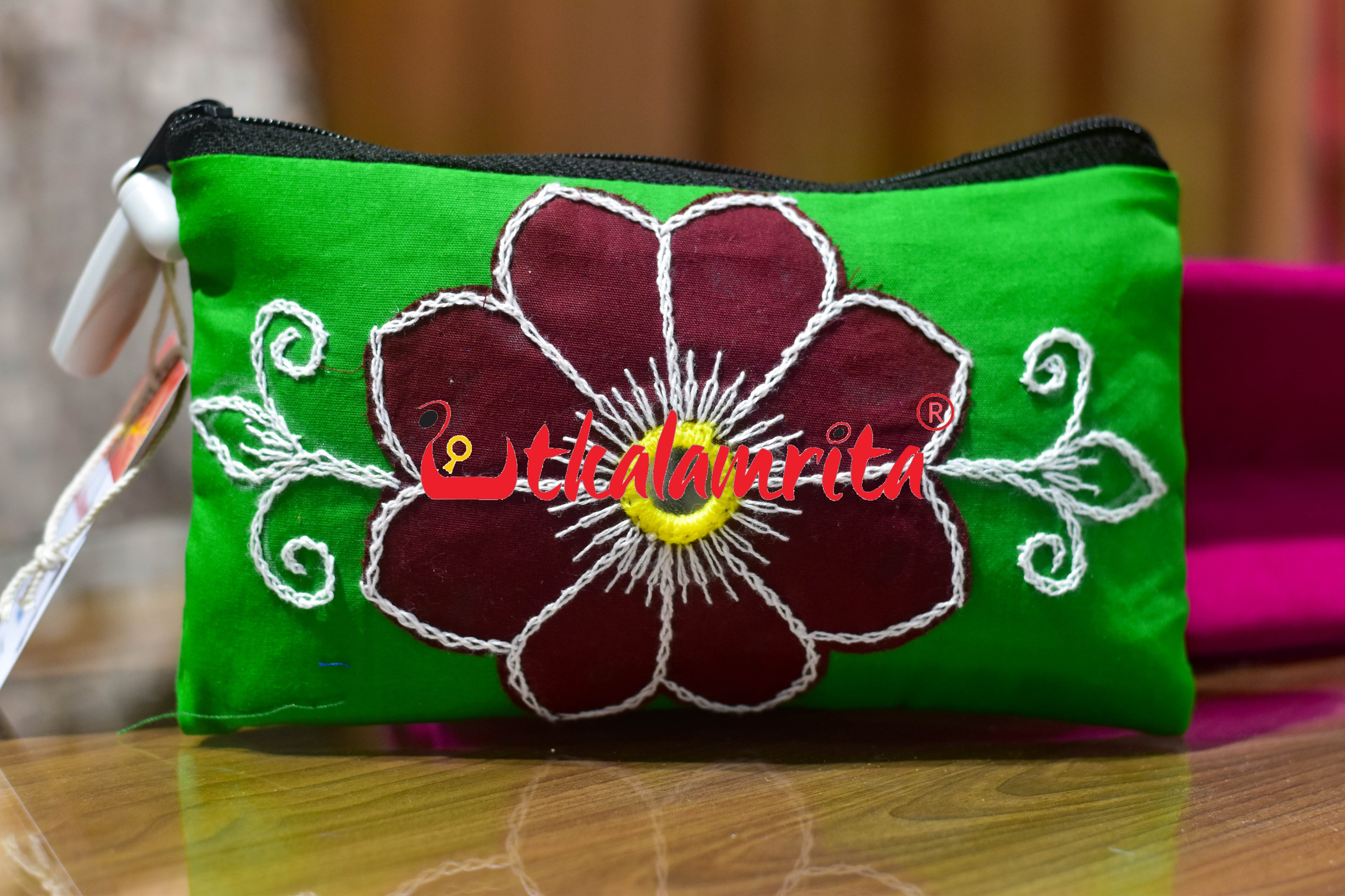 Green Maroon Single Flower Pipli Applique Purse