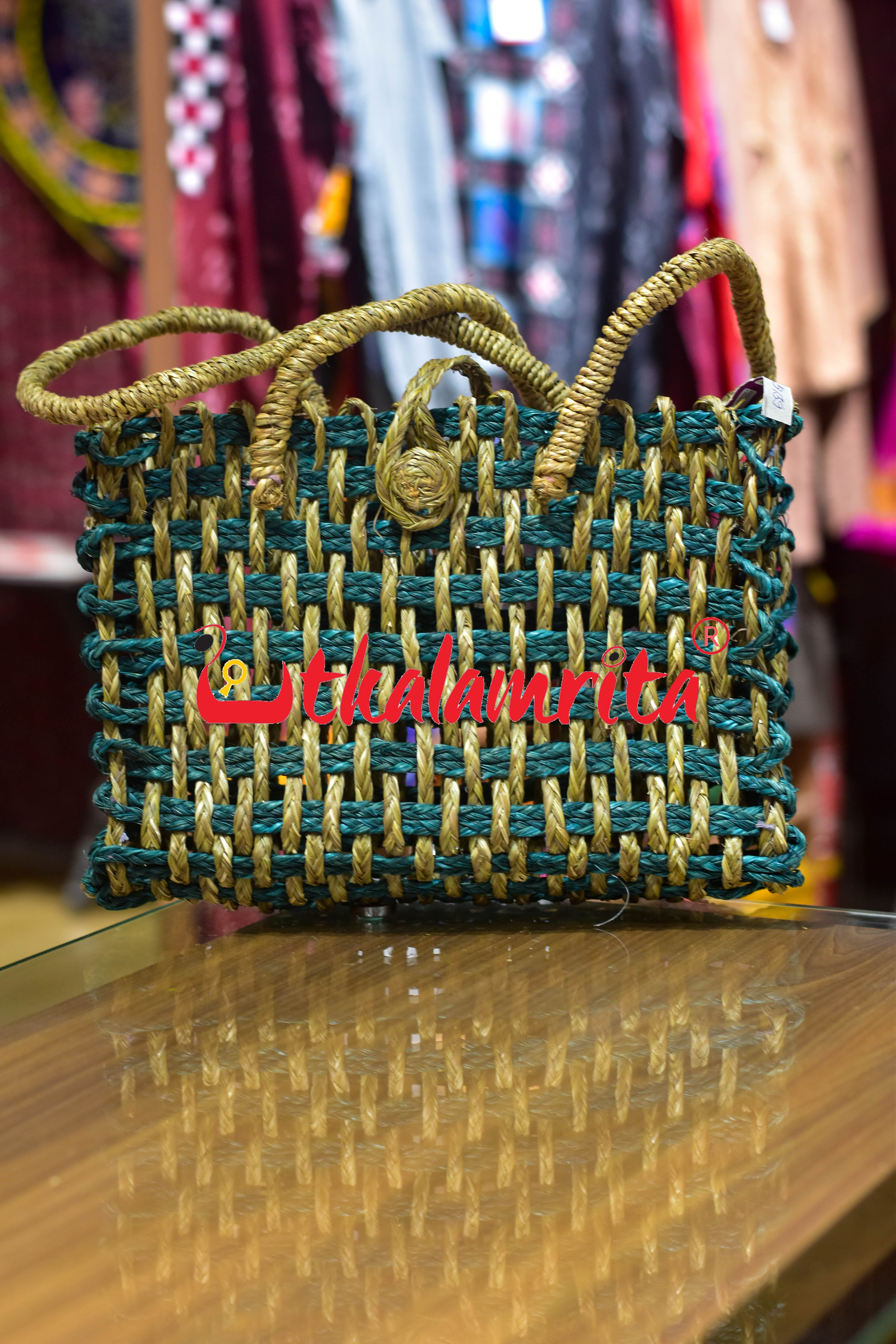 Sabai Grass Jali Bag Medium (Natural-Green)