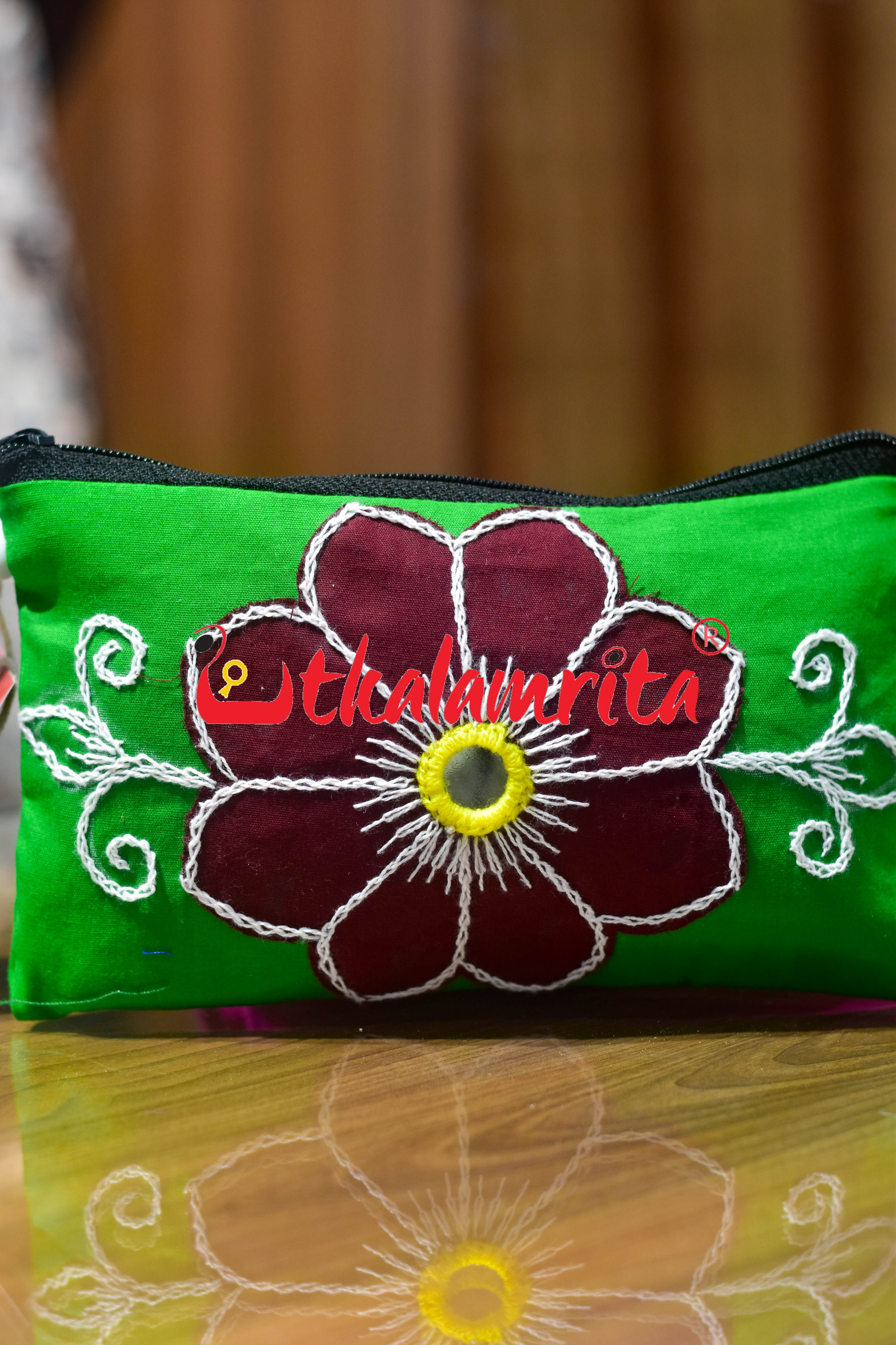 Green Maroon Single Flower Pipli Applique Purse
