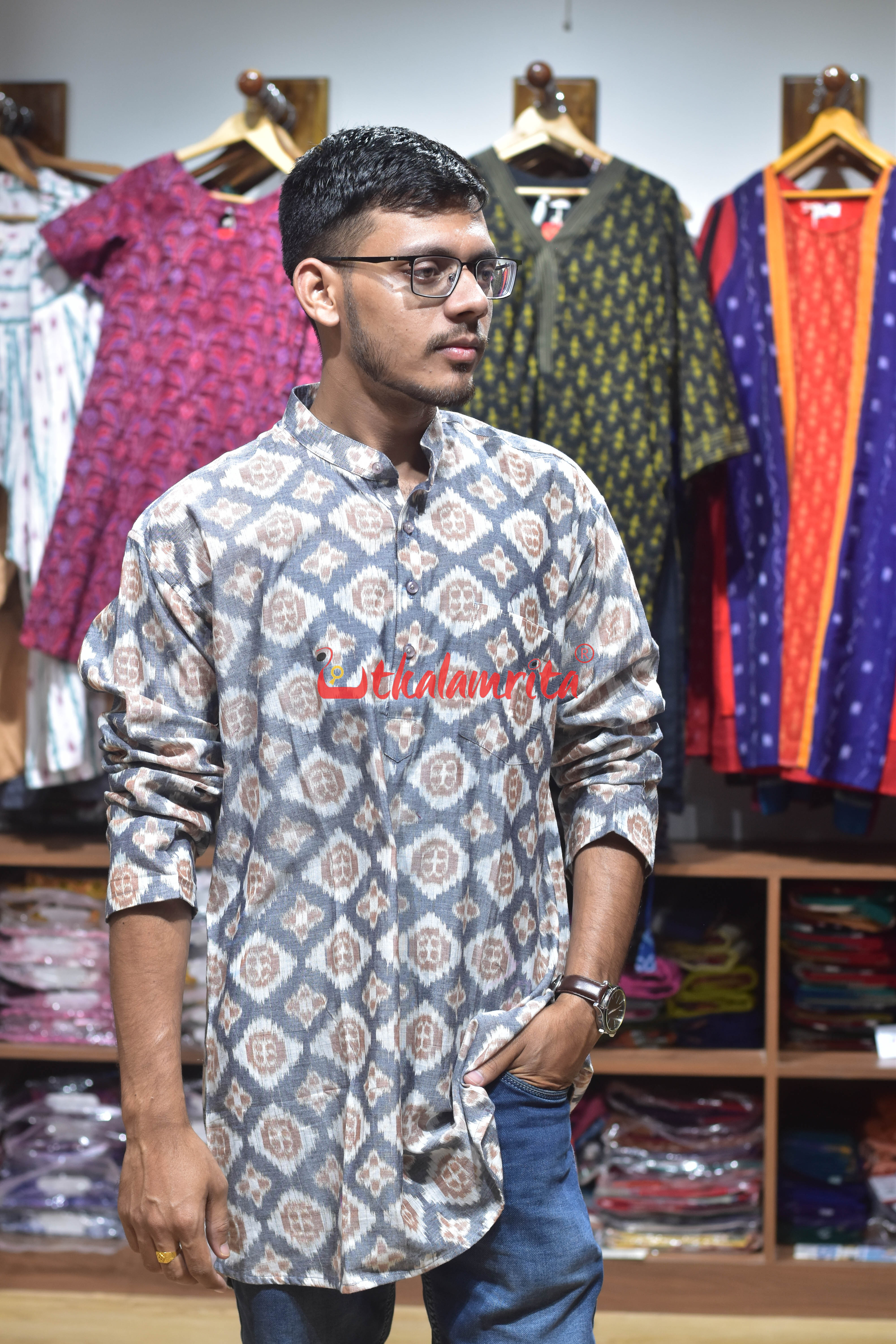 Grey Flower Pasapali (Men's Short Kurta)