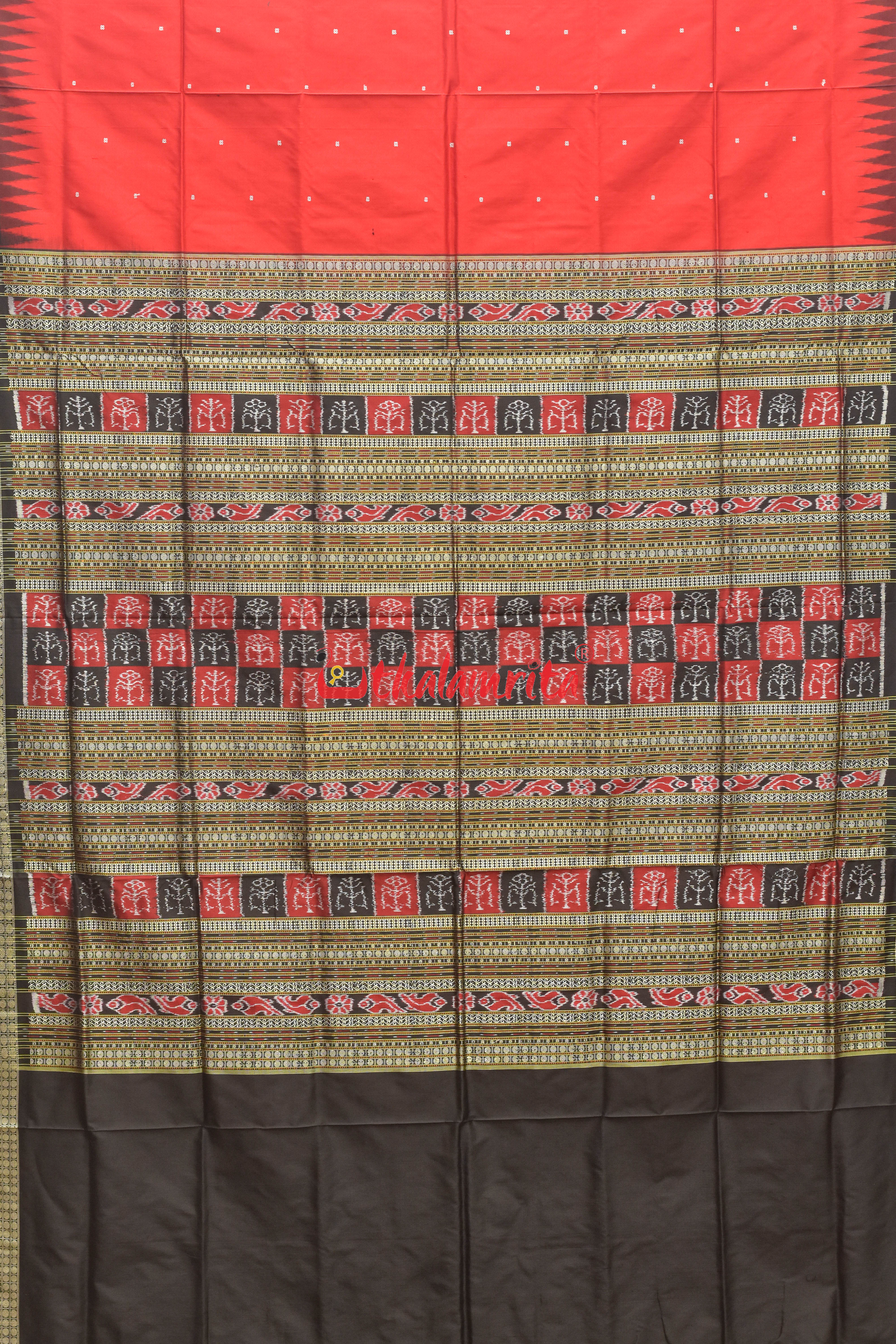 Red Plain Black Bomkai Silk Saree